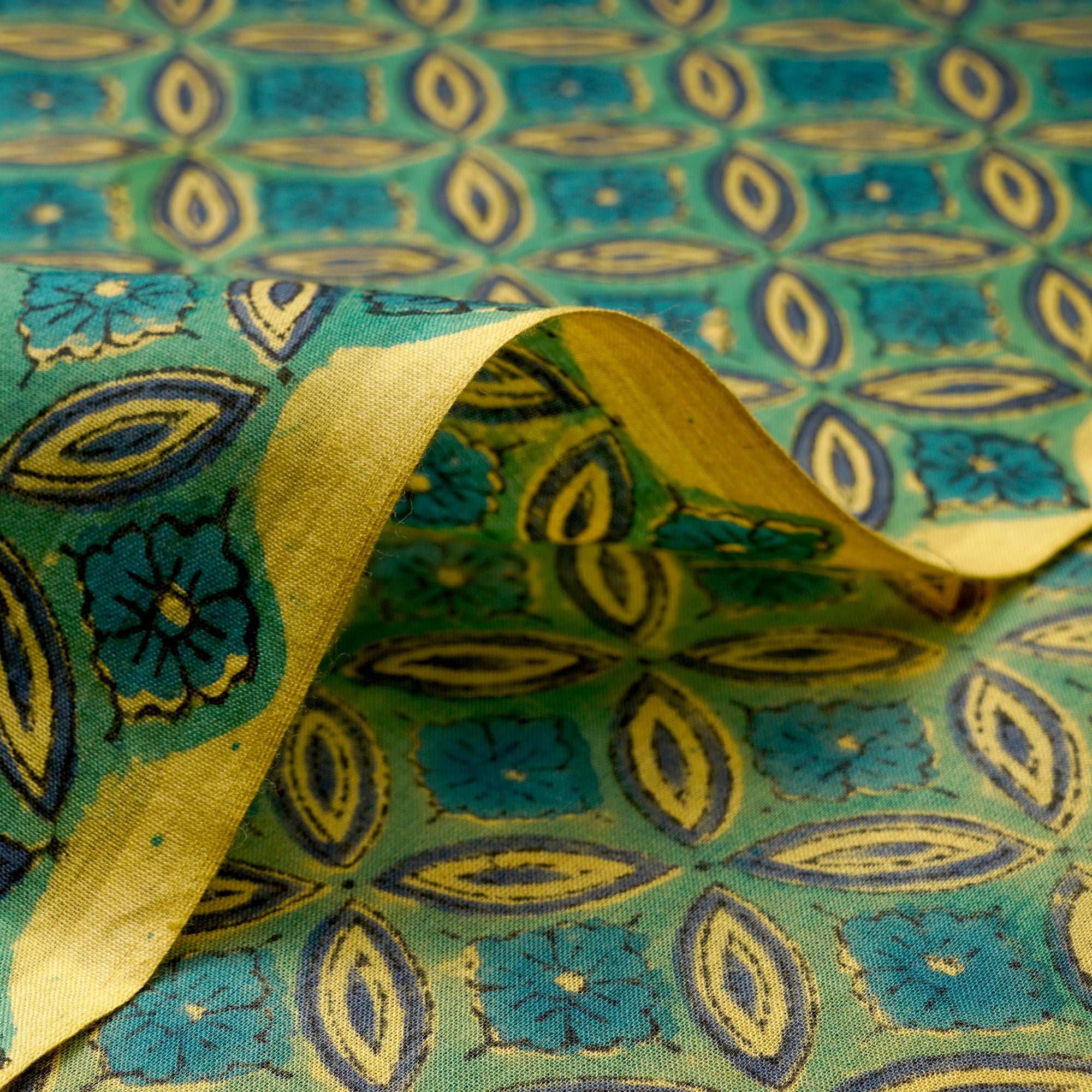 Green Geometric Pattern Bagru Hand Block Printed Cotton Fabric