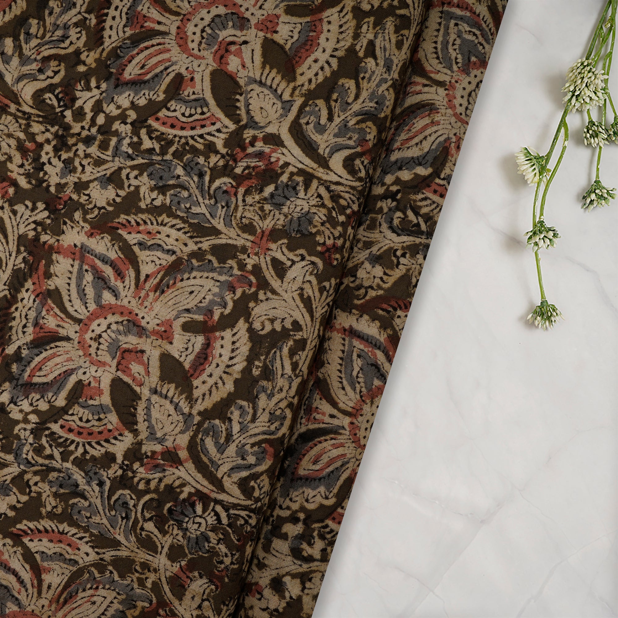 Multi Floral Pattern Hand Block Kalamkari Printed Cotton Fabric