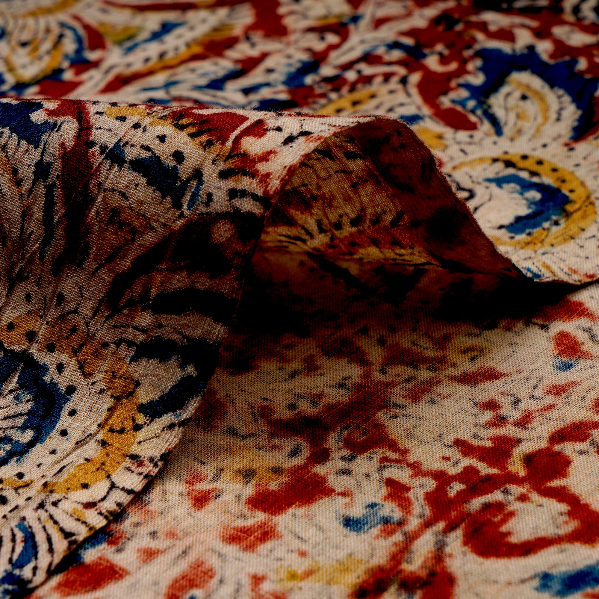 Multi Abstract Pattern Hand Block Kalamkari Printed Cotton Fabric
