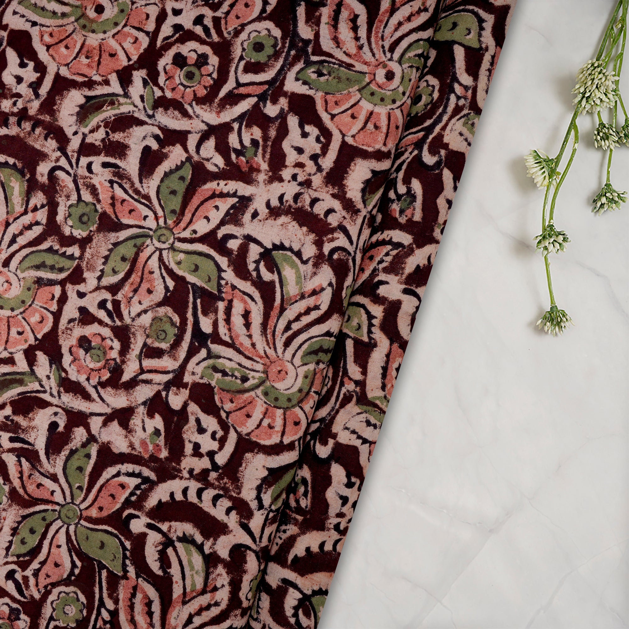 Multi Floral Pattern Hand Block Kalamkari Printed Cotton Fabric