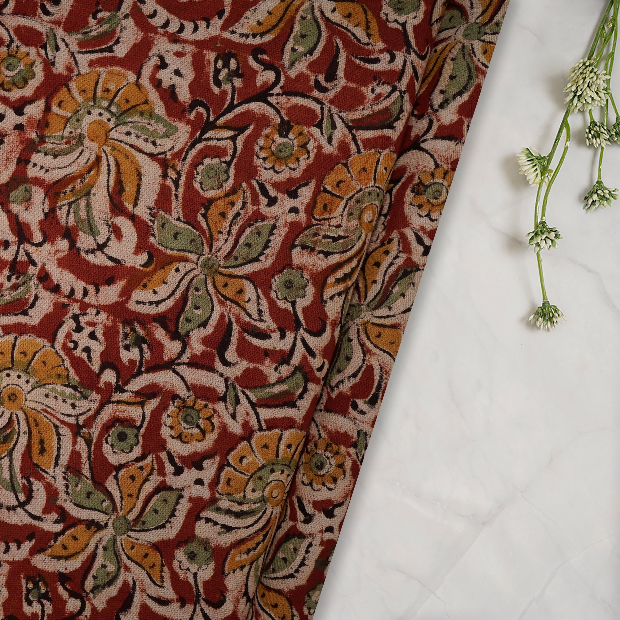 Multi Floral Pattern Hand Block Kalamkari Printed Cotton Fabric