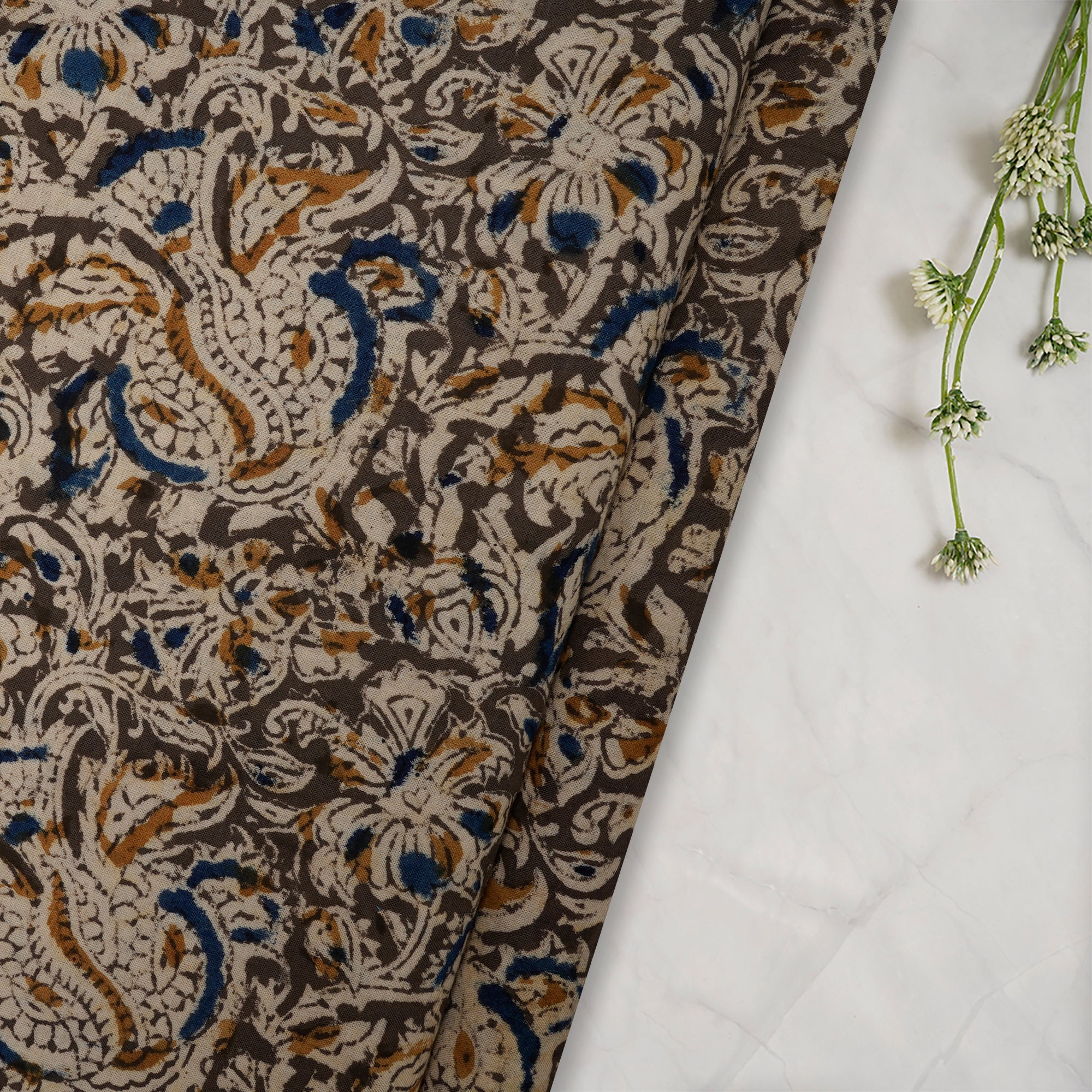 Multi Floral Pattern Hand Block Kalamkari Printed Cotton Fabric