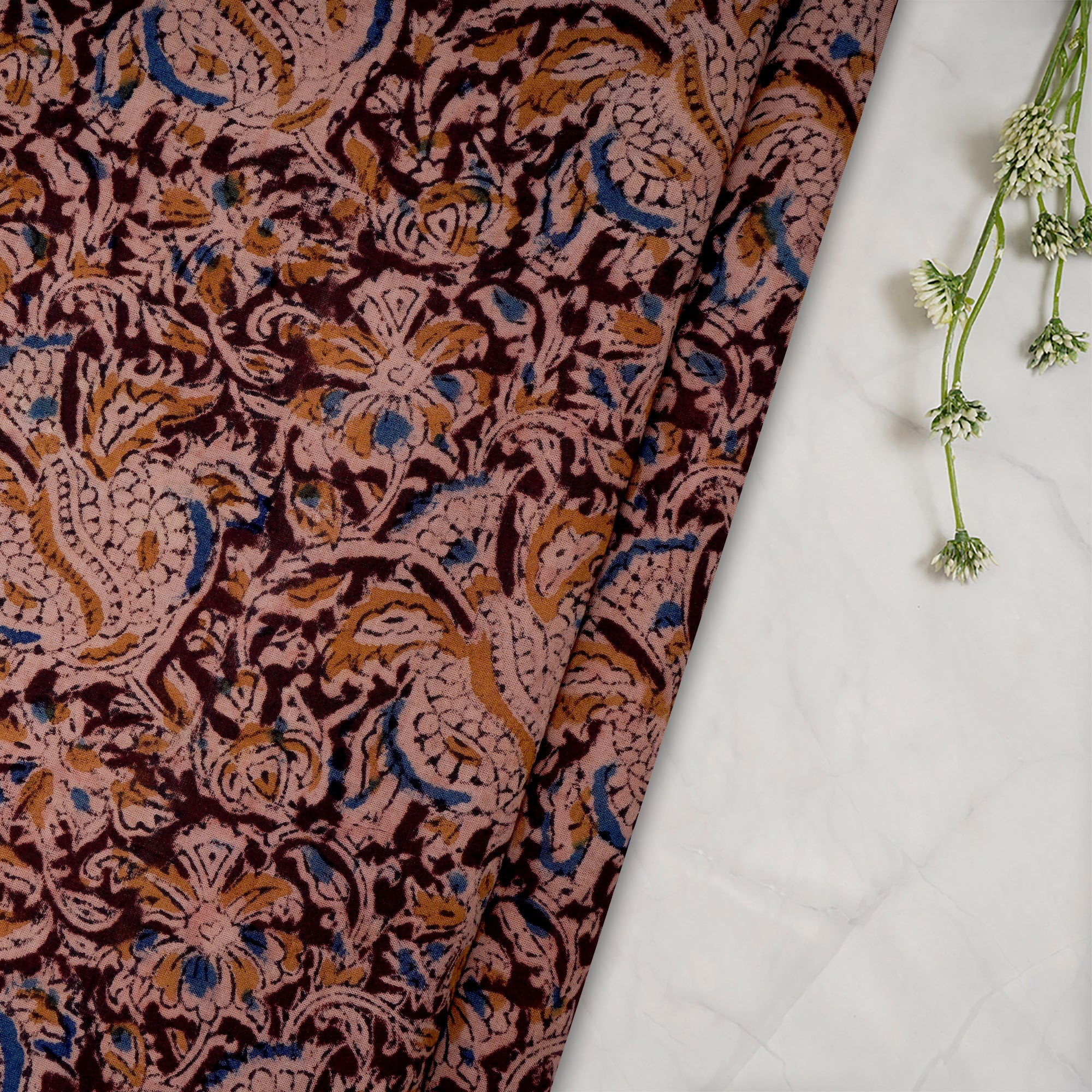 Multi Floral Pattern Hand Block Kalamkari Printed Cotton Fabric