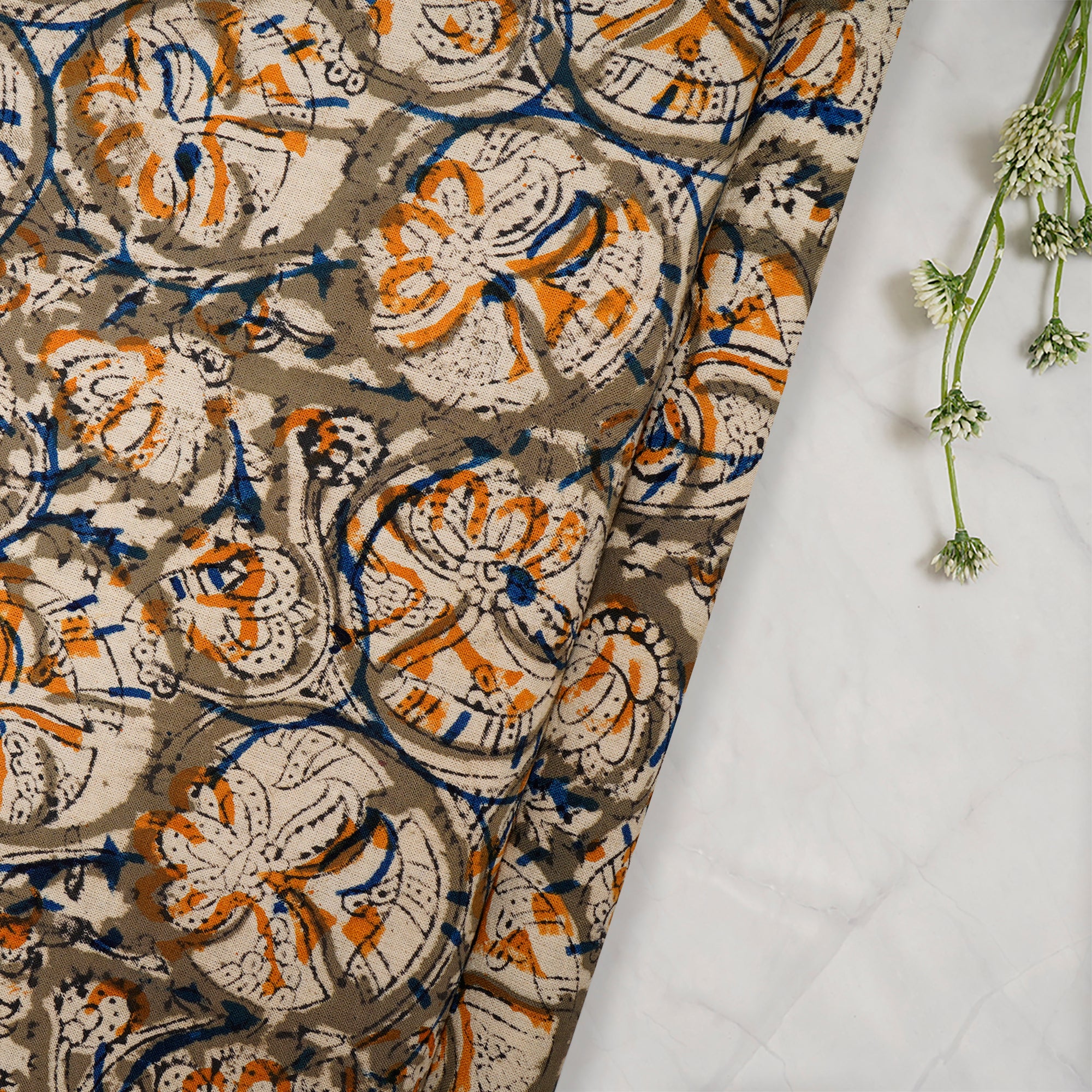 Multi Color Floral Pattern Hand Block Kalamkari Printed Cotton Fabric