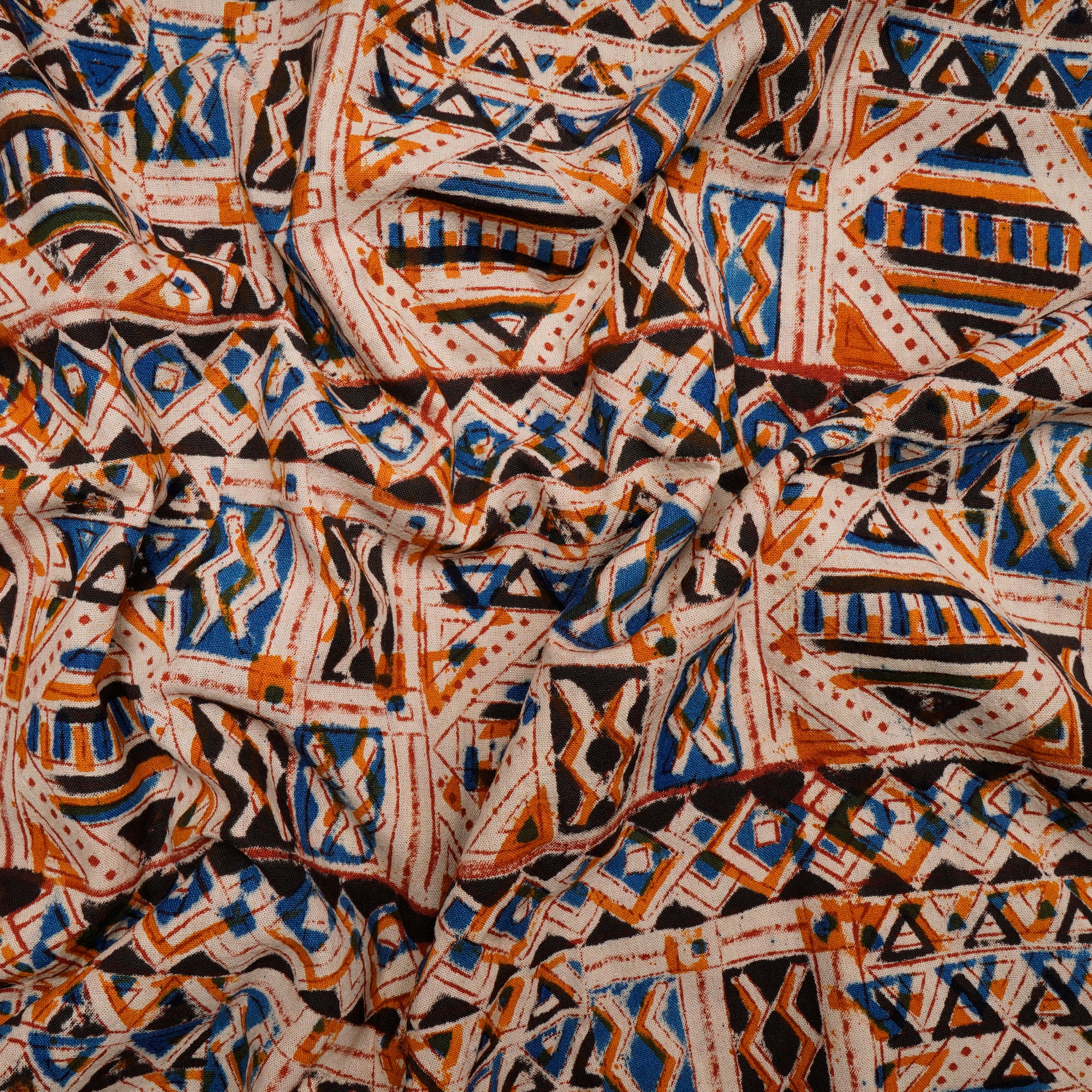 Multi Color Geometric Pattern Hand Block Kalamkari Printed Cotton Fabric