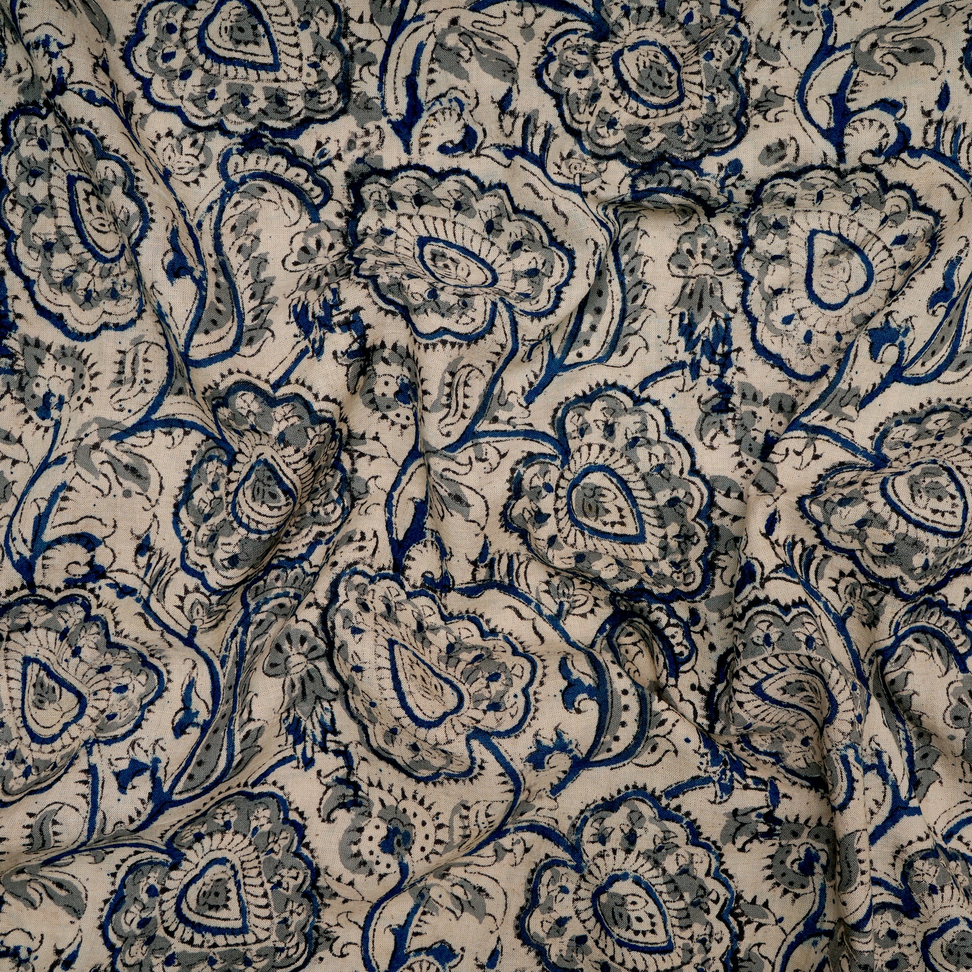 Blue-Grey Paisley Pattern Hand Block Kalamkari Printed Cotton Fabric