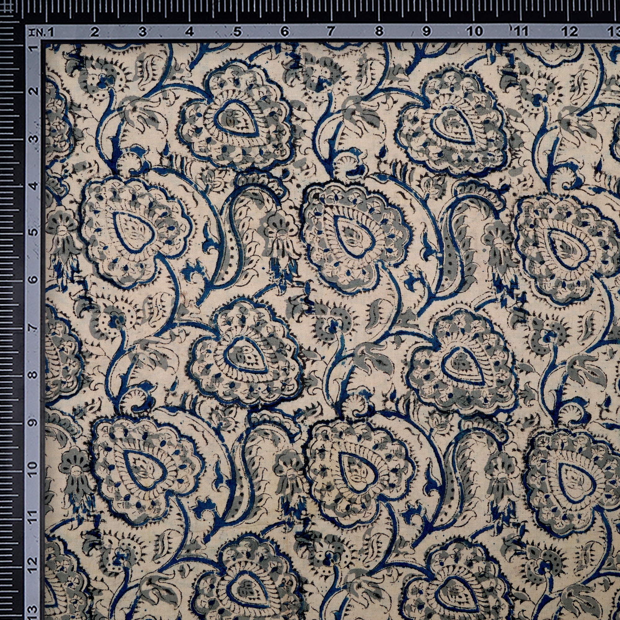 Blue-Grey Paisley Pattern Hand Block Kalamkari Printed Cotton Fabric
