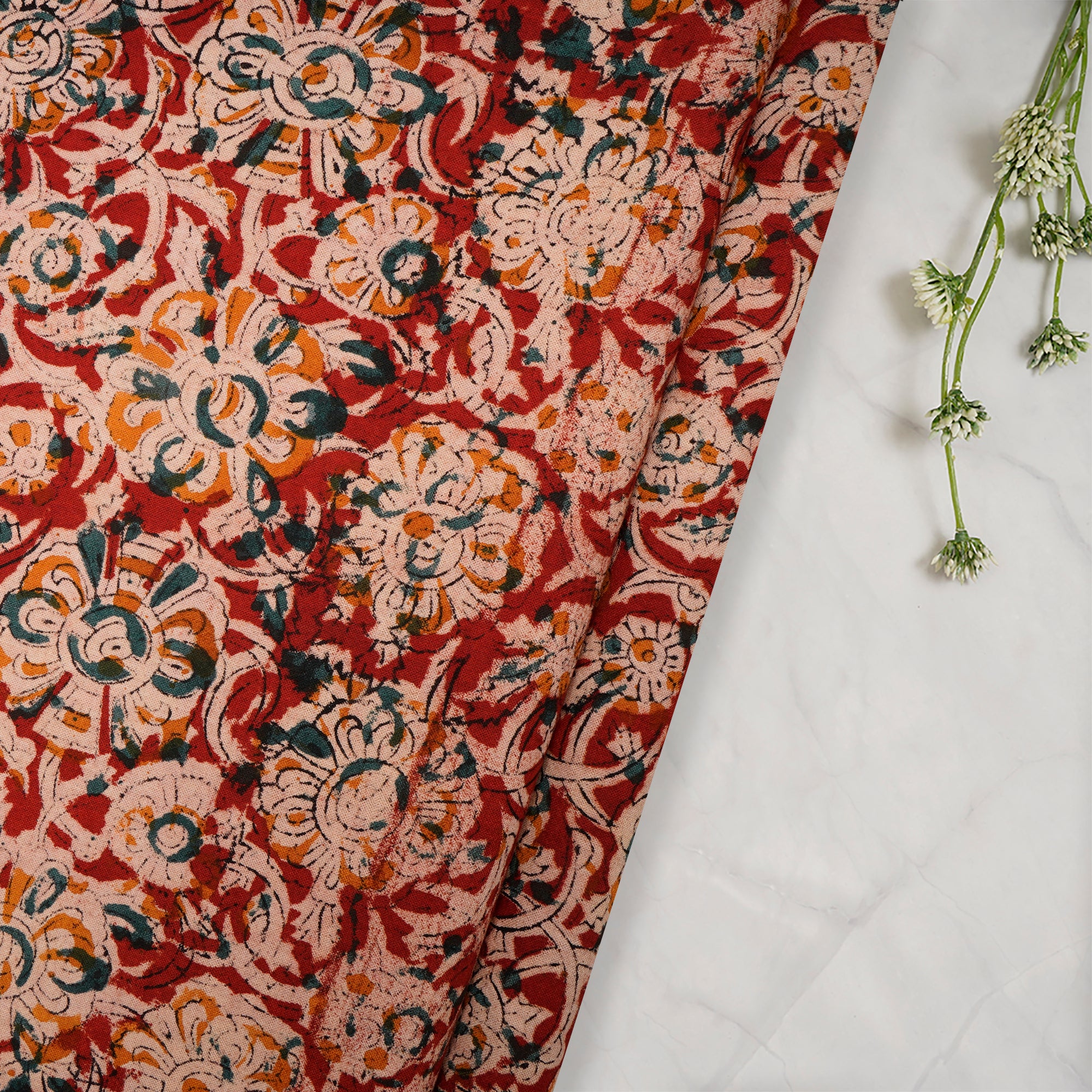 Multi Color Floral Pattern Hand Block Kalamkari Printed Cotton Fabric