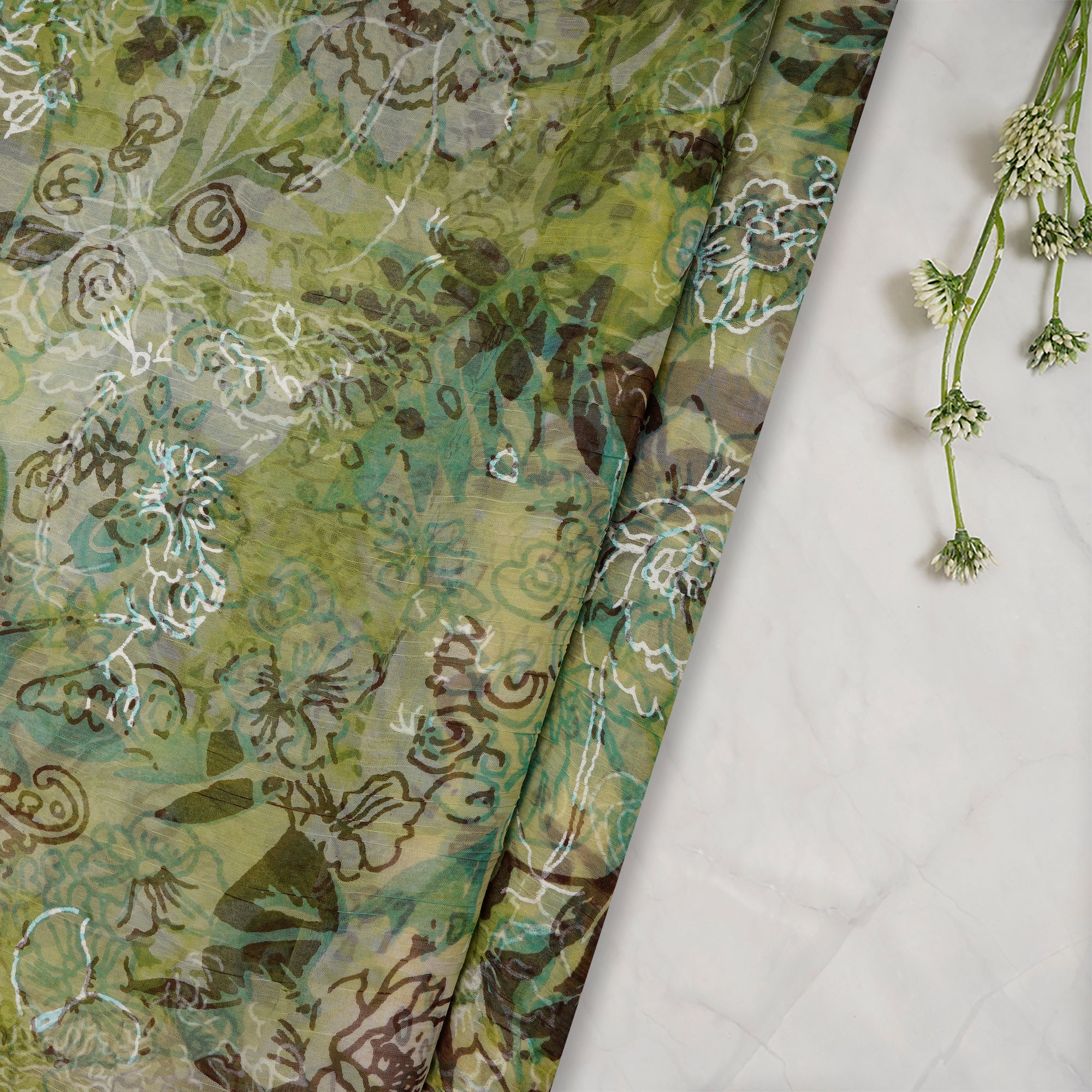 Green Floral Pattern Screen Printed Viscose Chiffon Fabric