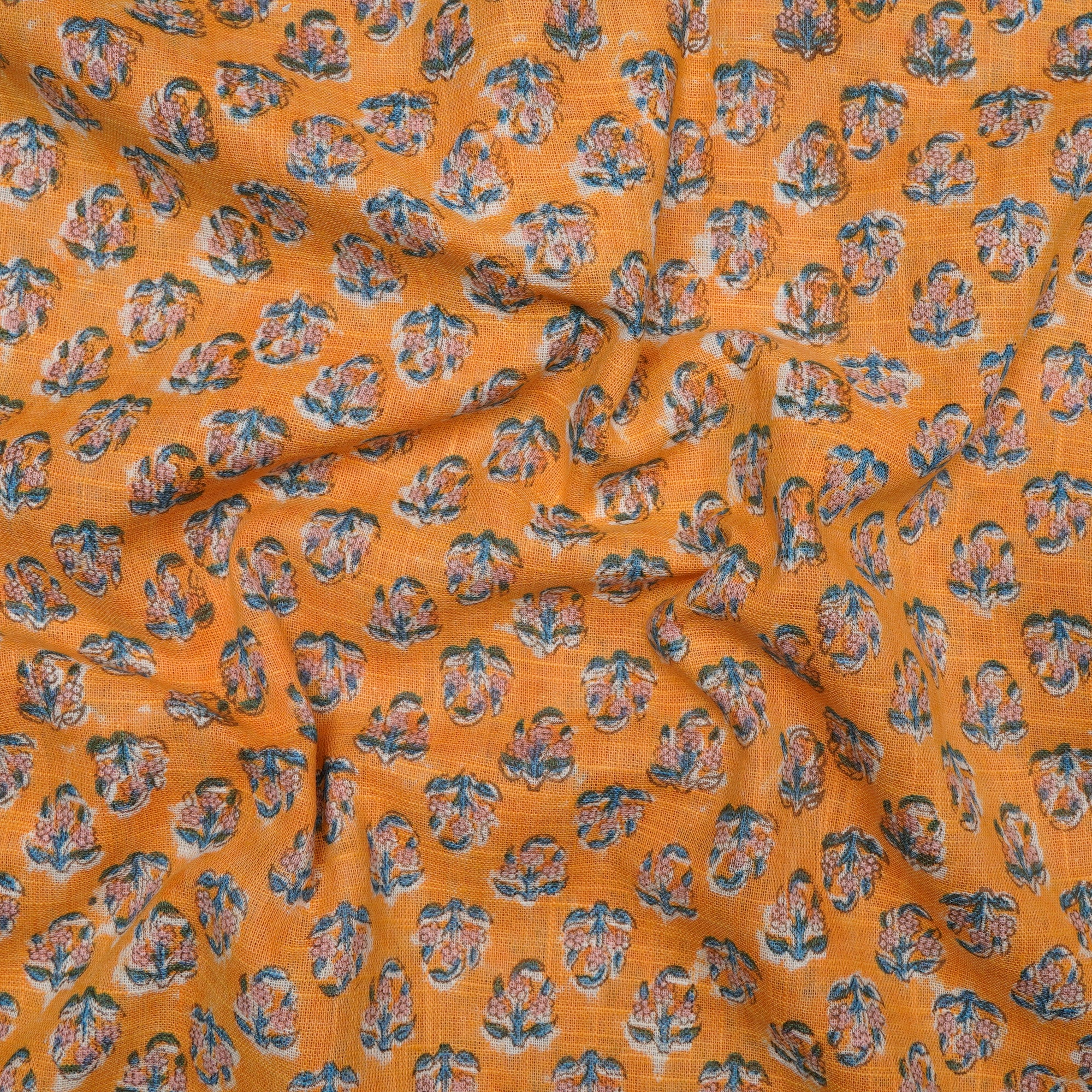 Light Orange All Over Pattern Hand Block Natural Dye Cotton Slub Fabric