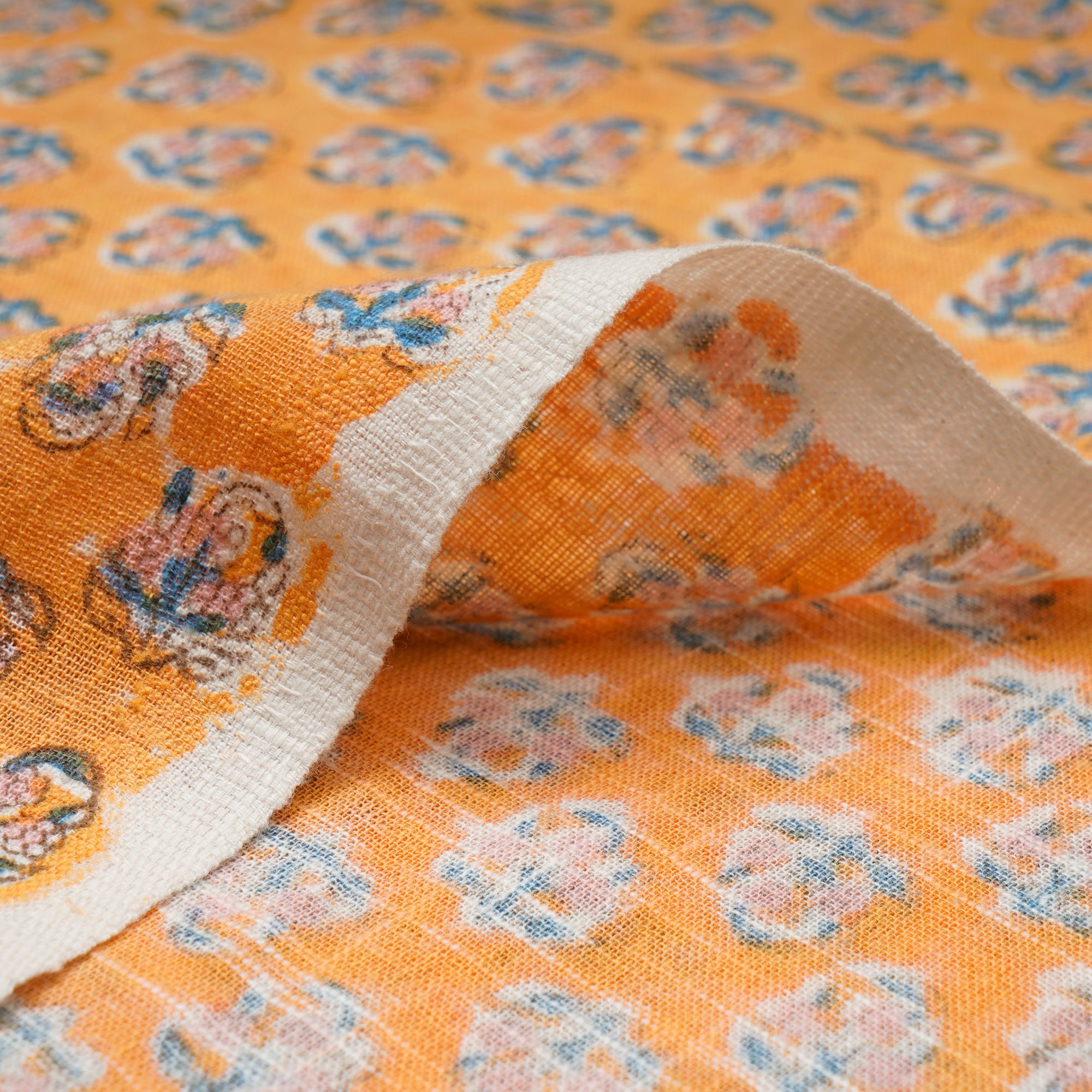 Light Orange All Over Pattern Hand Block Natural Dye Cotton Slub Fabric