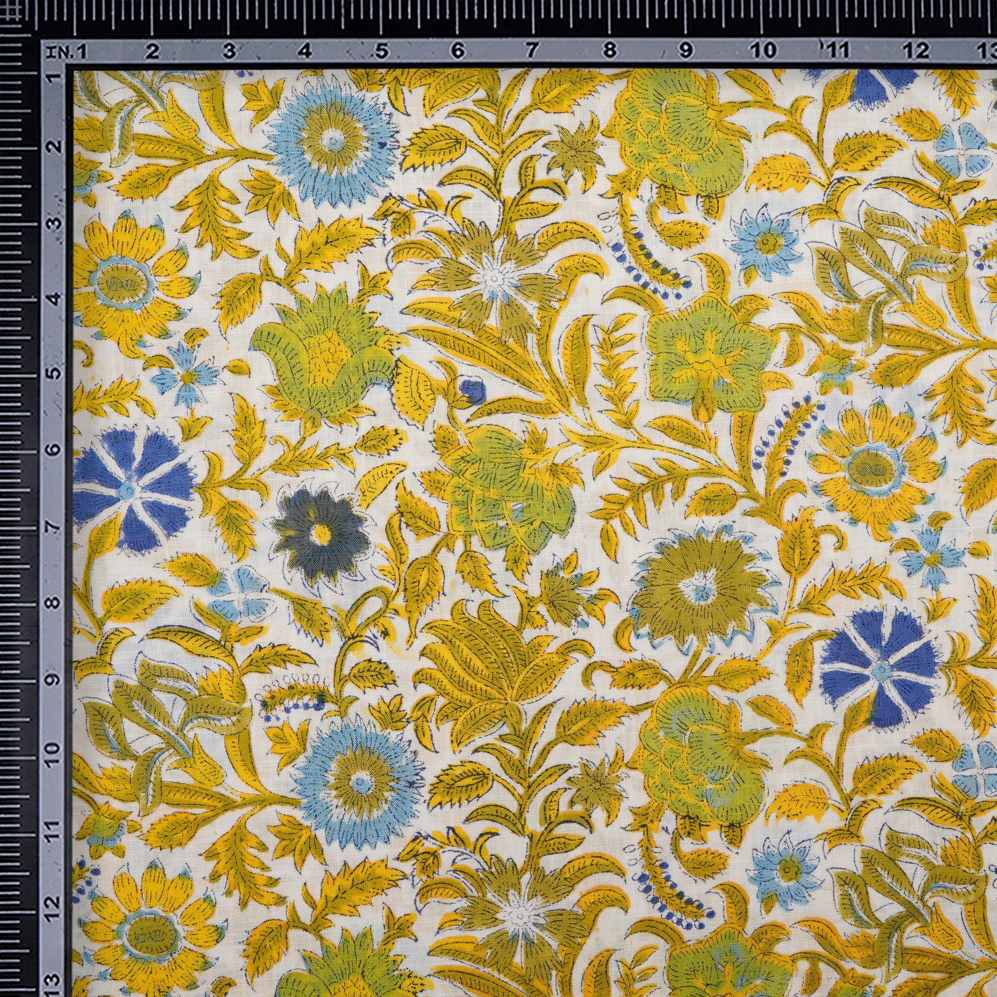 Off White-Yellow All Over Pattern Hand Block Natural Dye Cotton Slub Fabric