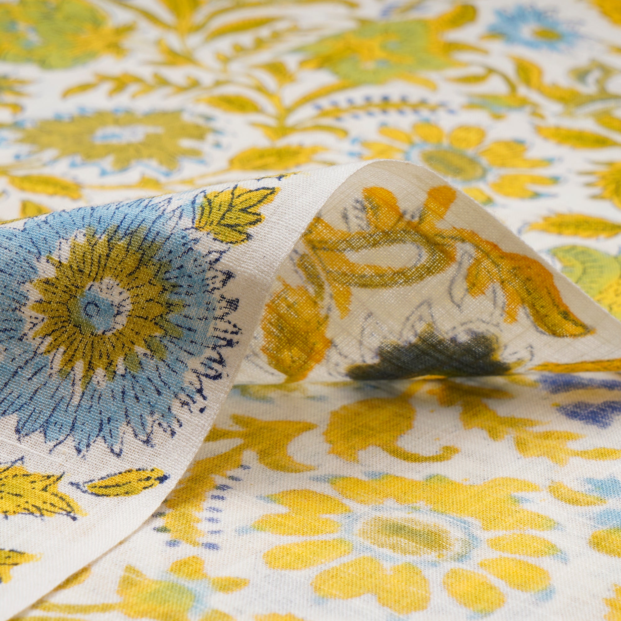 Off White-Yellow All Over Pattern Hand Block Natural Dye Cotton Slub Fabric