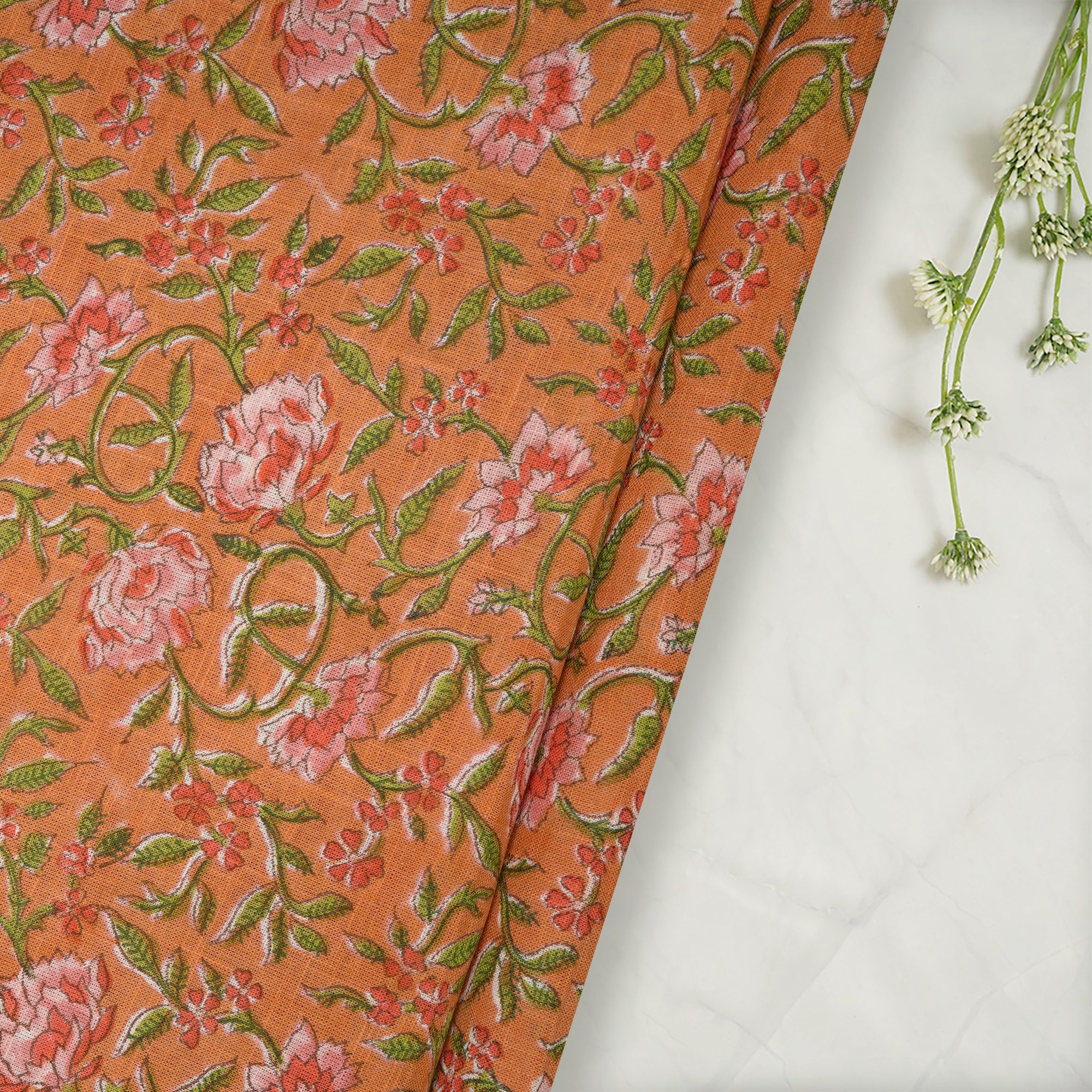 Apricot Tan All Over Pattern Hand Block Natural Dye Cotton Slub Fabric