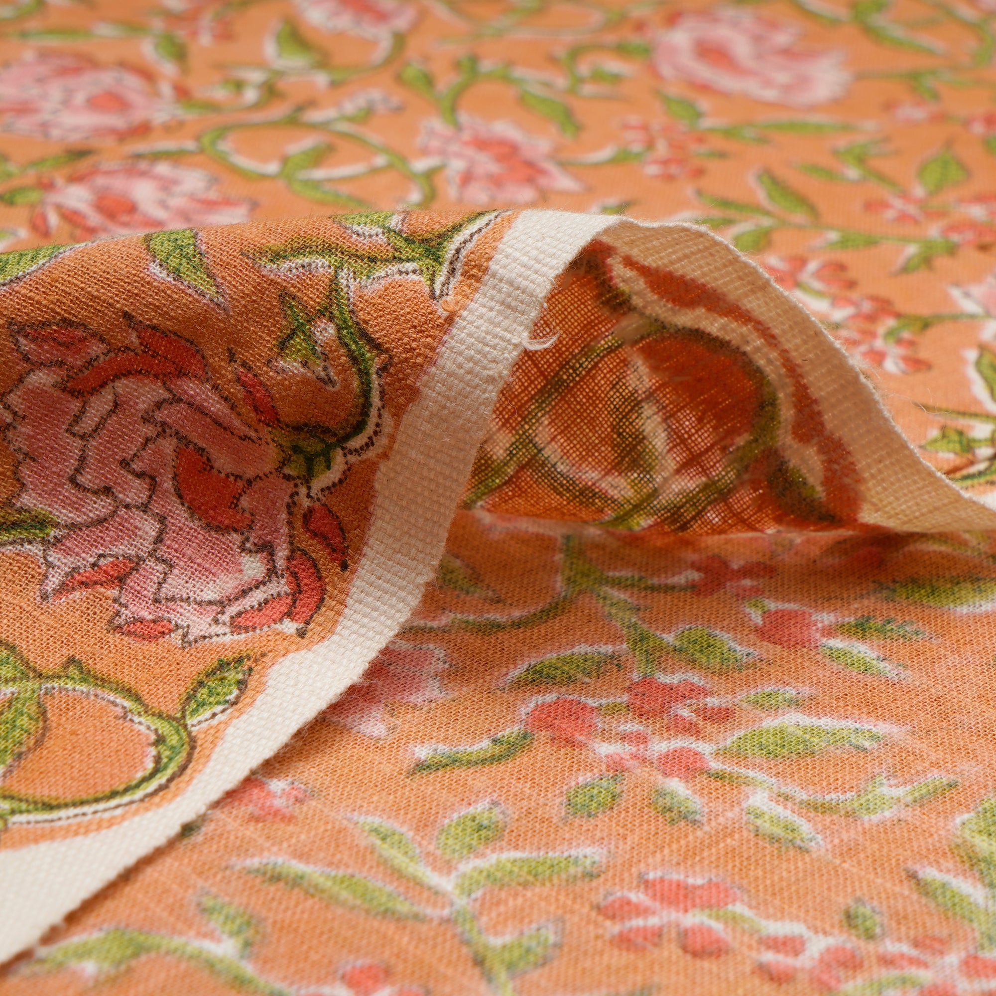 Apricot Tan All Over Pattern Hand Block Natural Dye Cotton Slub Fabric