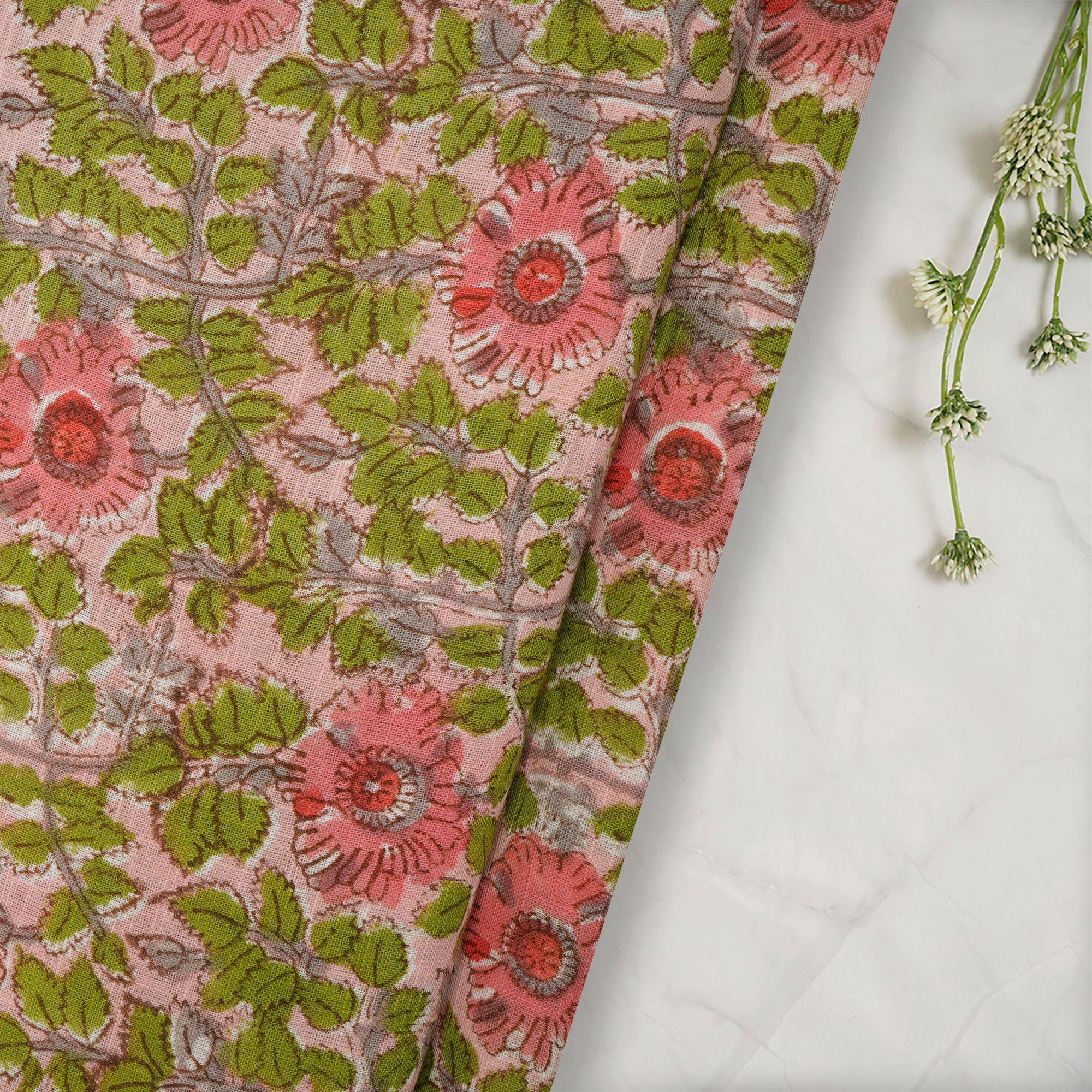 English Rose All Over Pattern Hand Block Natural Dye Cotton Slub Fabric