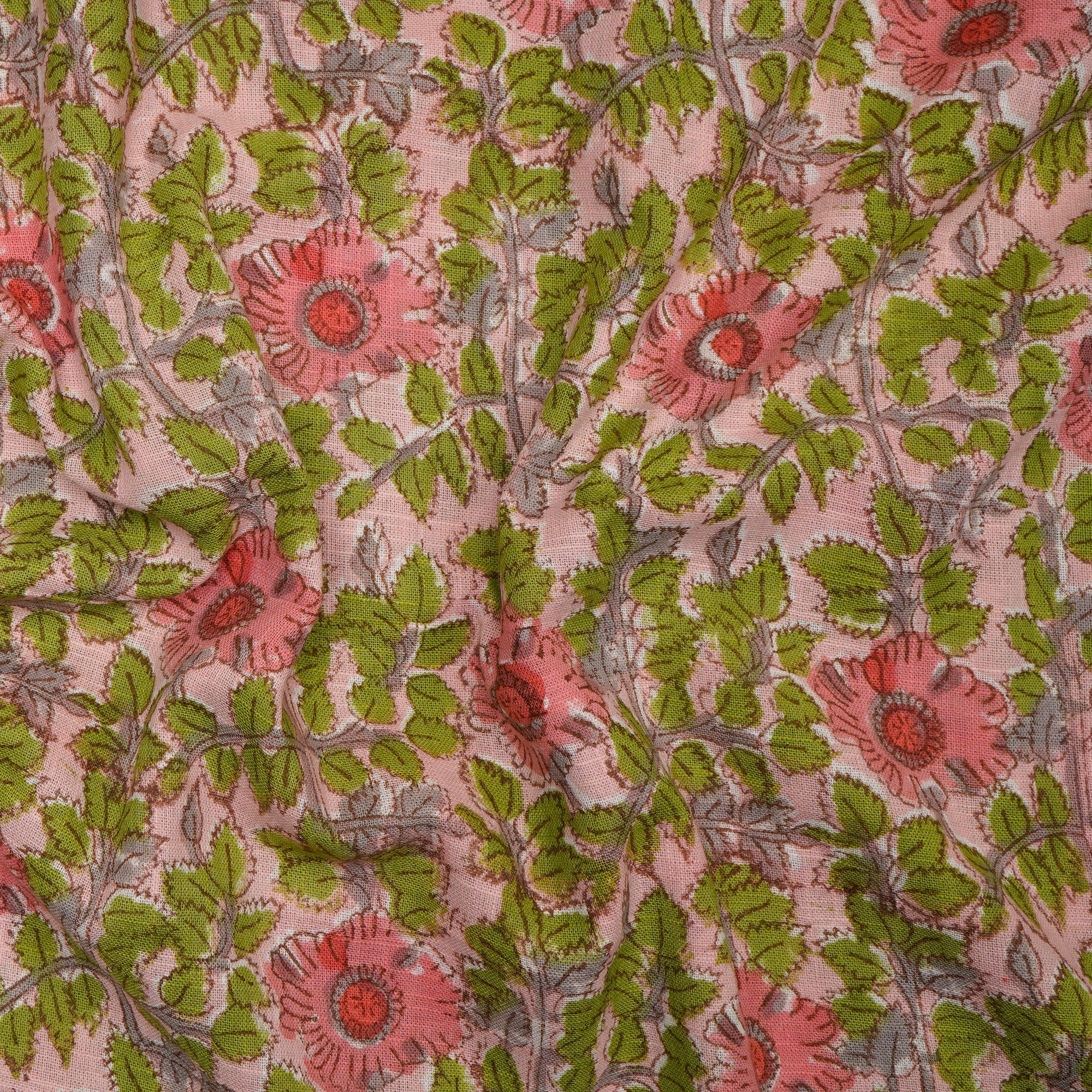 English Rose All Over Pattern Hand Block Natural Dye Cotton Slub Fabric
