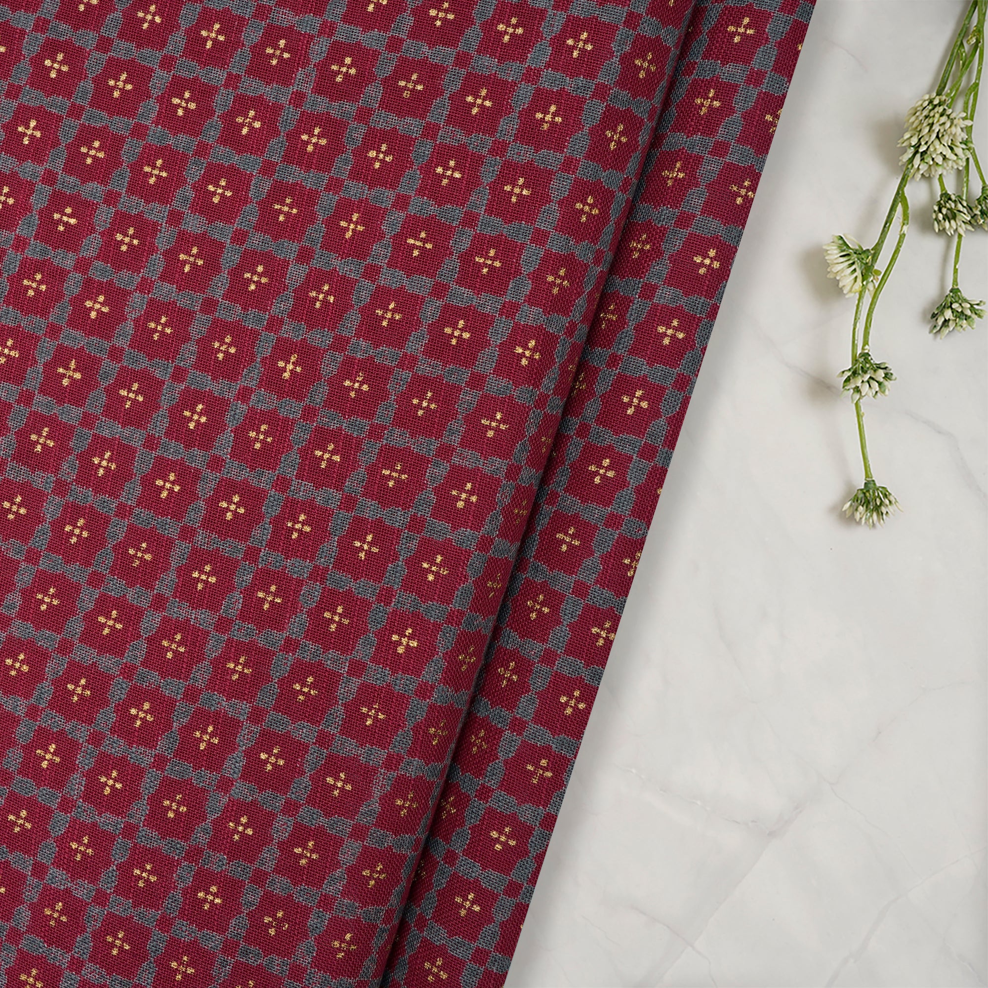 Red-Grey All Over Pattern Screen Printed Cotton Slub Fabric