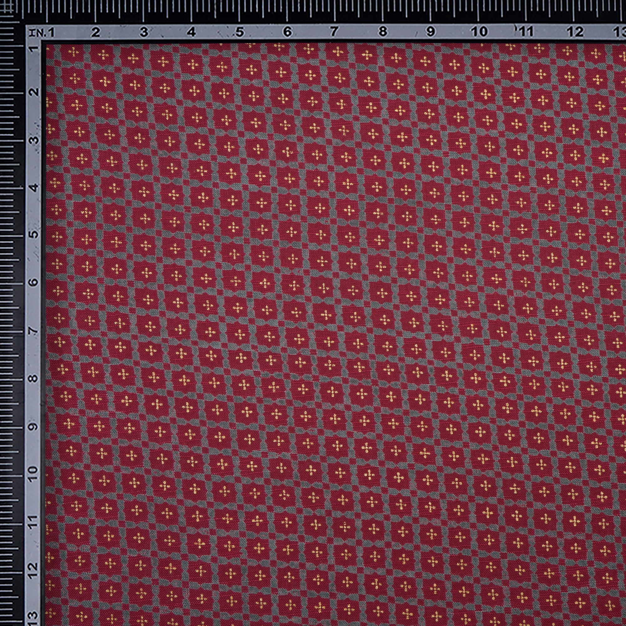 Red-Grey All Over Pattern Screen Printed Cotton Slub Fabric