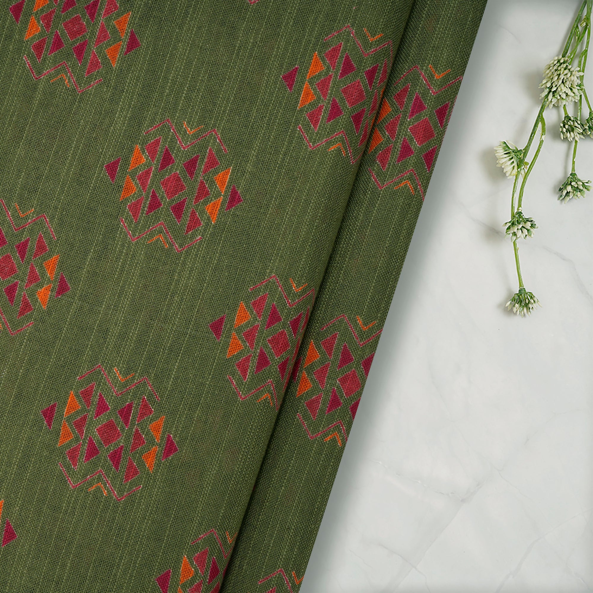Olive Green All Over Pattern Screen Printed Cotton Slub Fabric