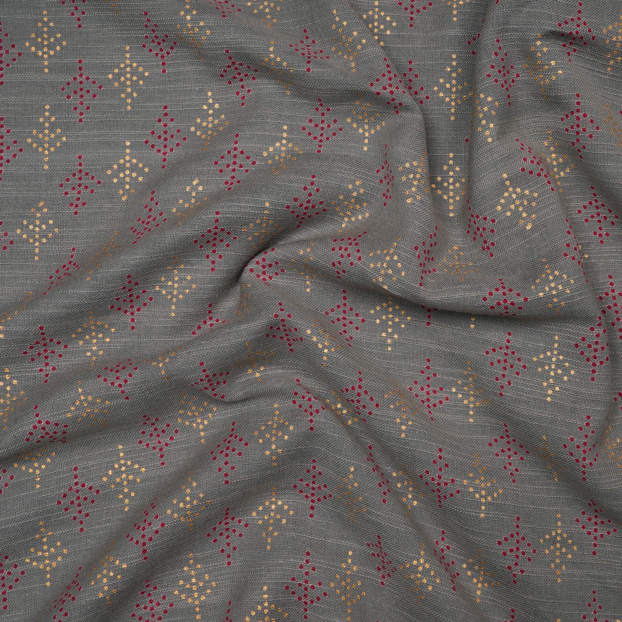 Grey All Over Pattern Screen Printed Cotton Slub Fabric