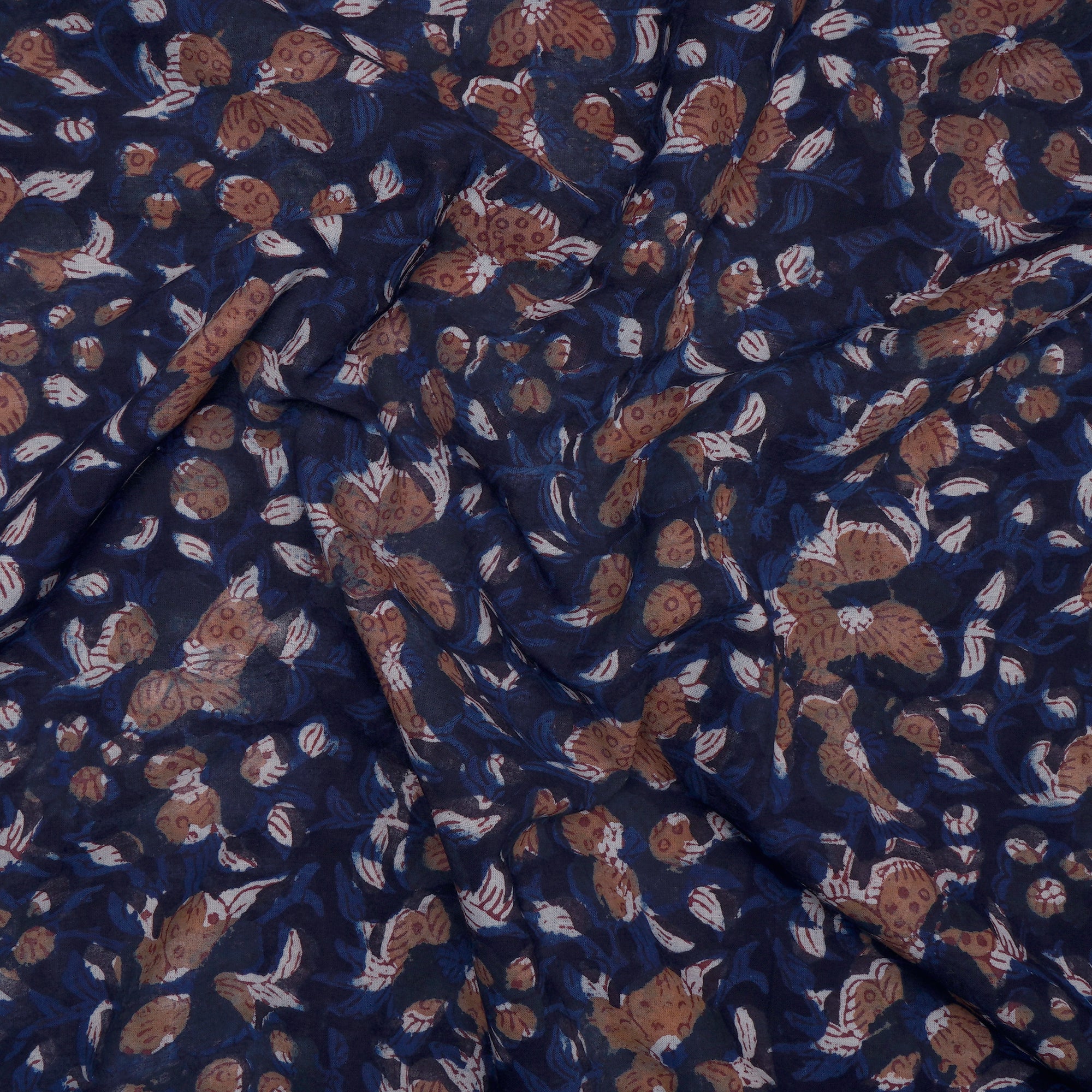 Navy Blue Hand Block Natural Dye Jahota Printed Cotton Cambric Fabric