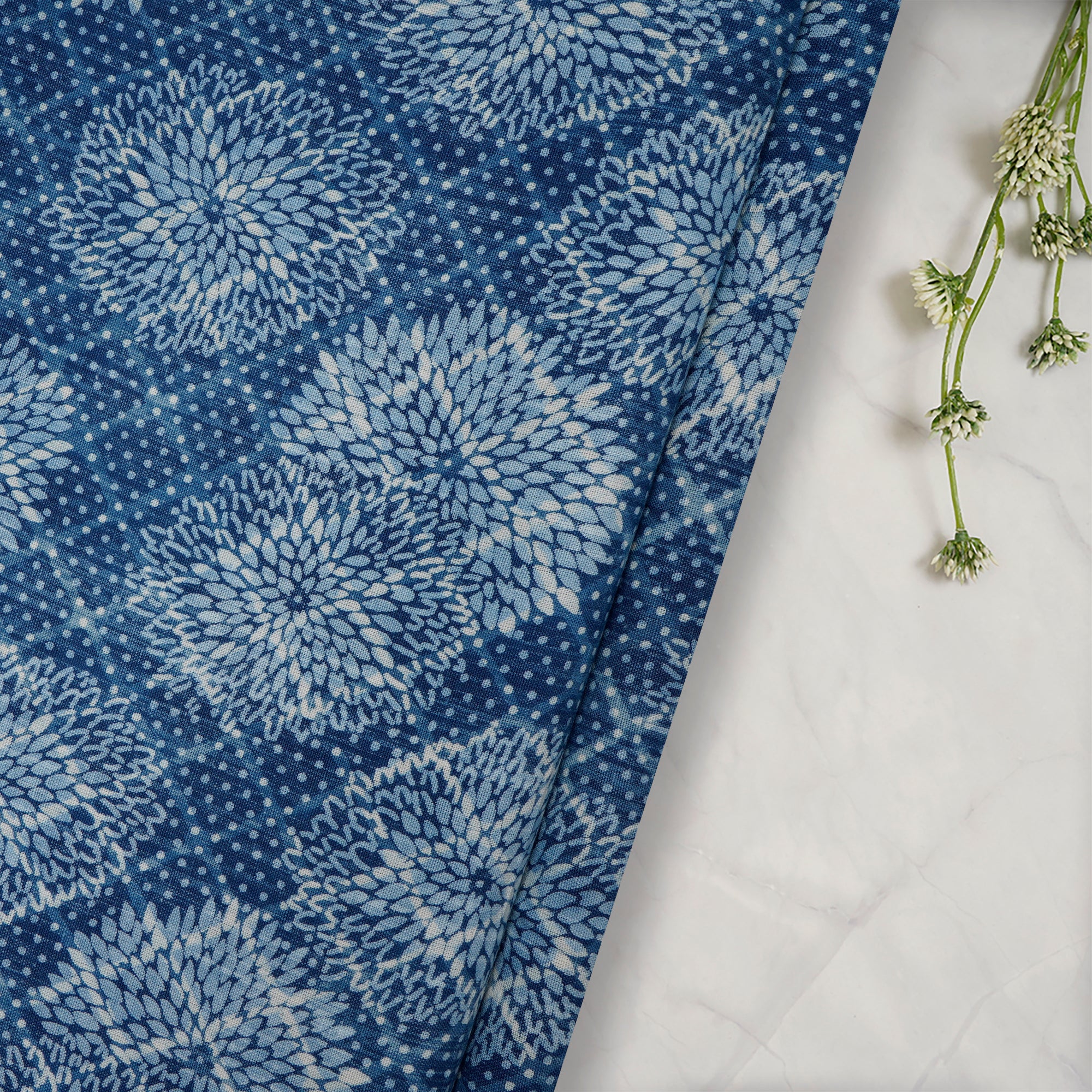 Indigo Blue Hand Block Natural Dye Dabu Printed Cotton Flax Fabric