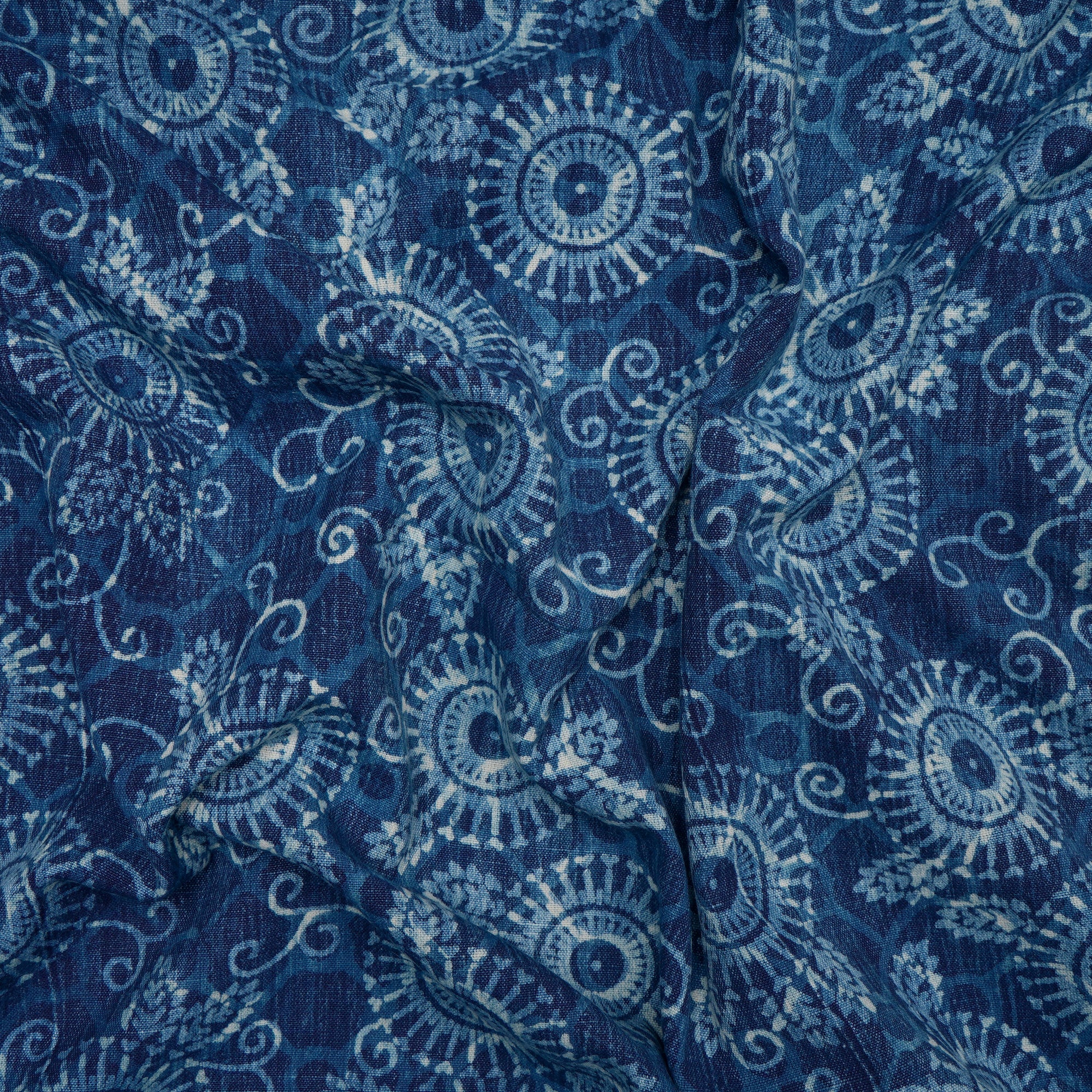 Indigo Blue Hand Block Natural Dye Dabu Printed Cotton Flax Fabric
