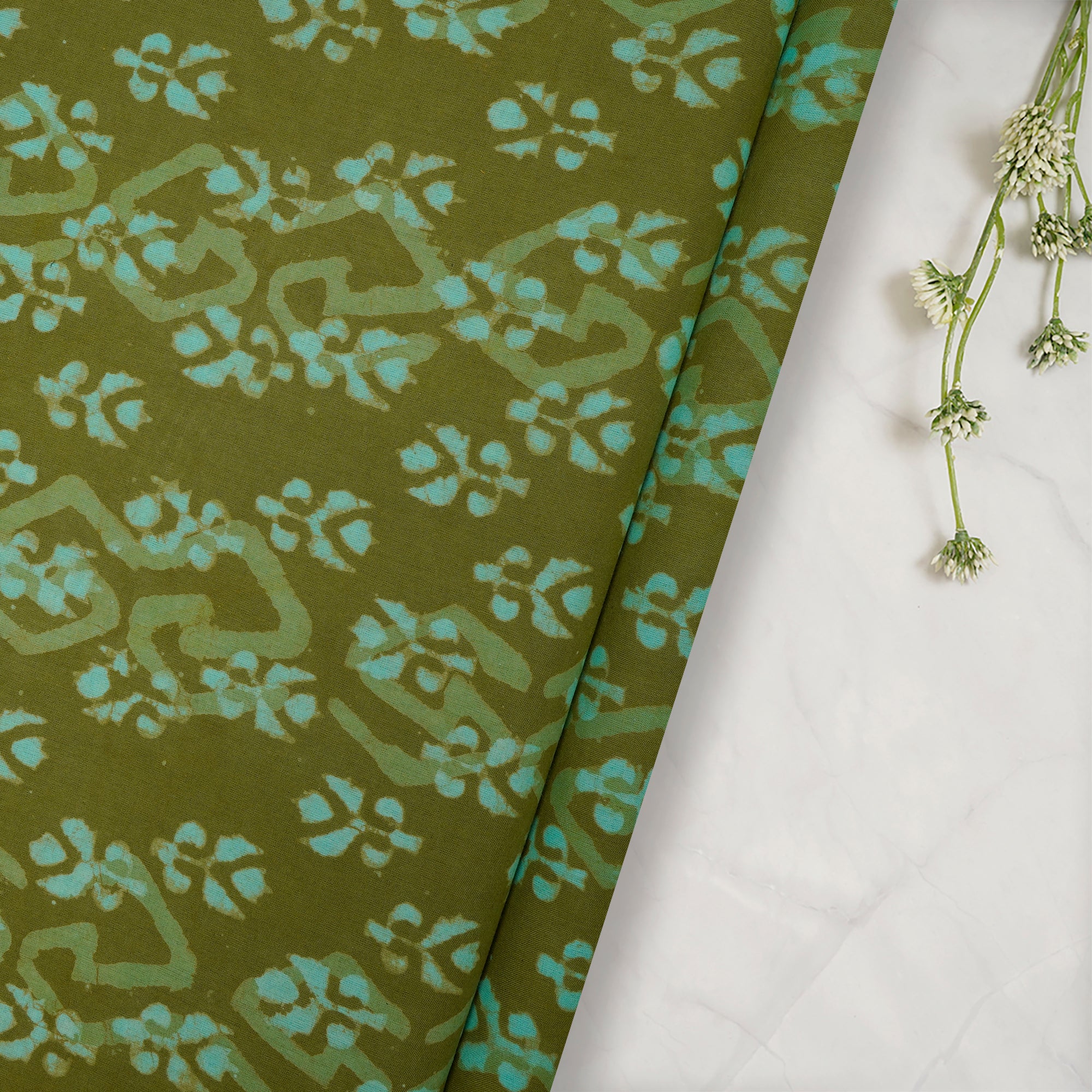 Olive Green Hand Block Natural Dye Dabu Printed Cotton Fabric
