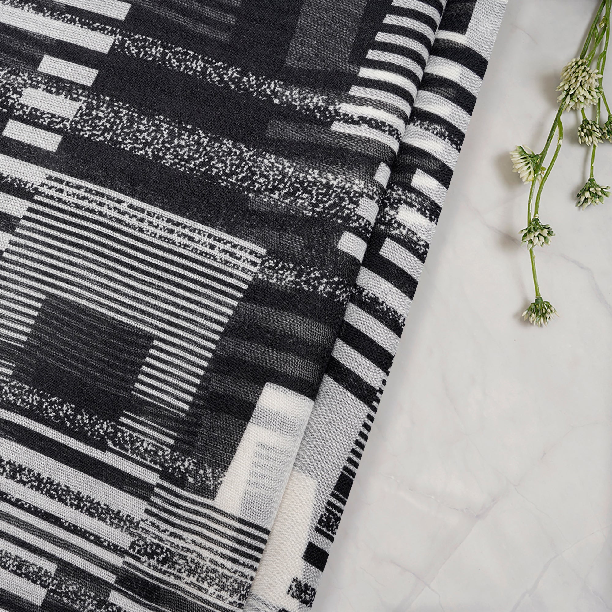 Black-White Geometric Pattern Screen Printed Cotton Fabric