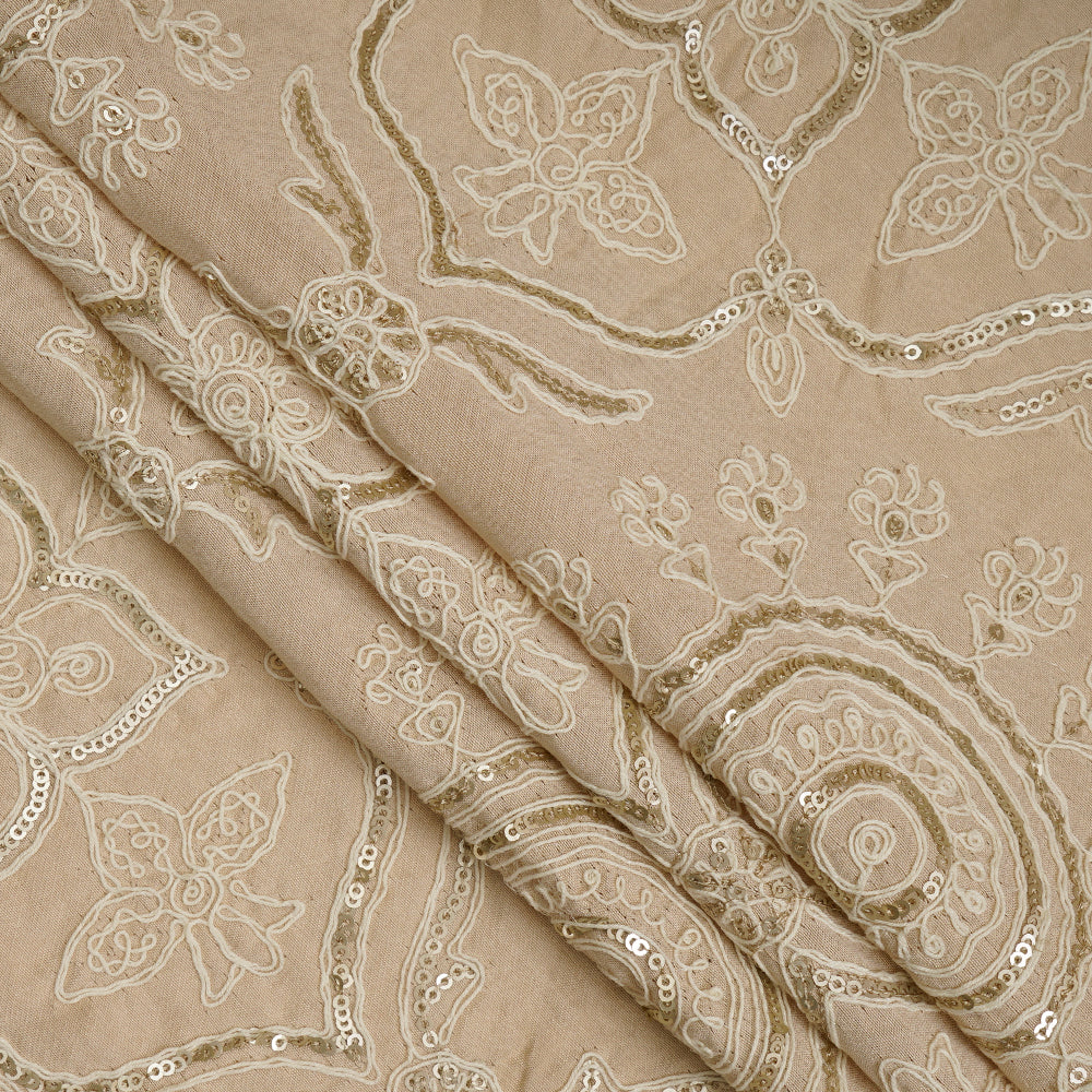 Beige Color Swarovski Embroidered Spun Silk Fabric