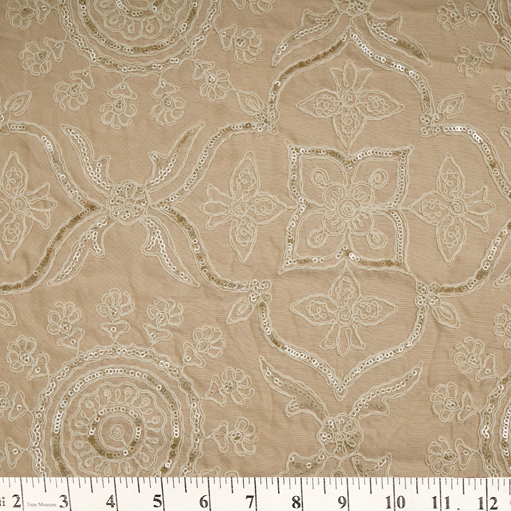 Beige Color Swarovski Embroidered Spun Silk Fabric