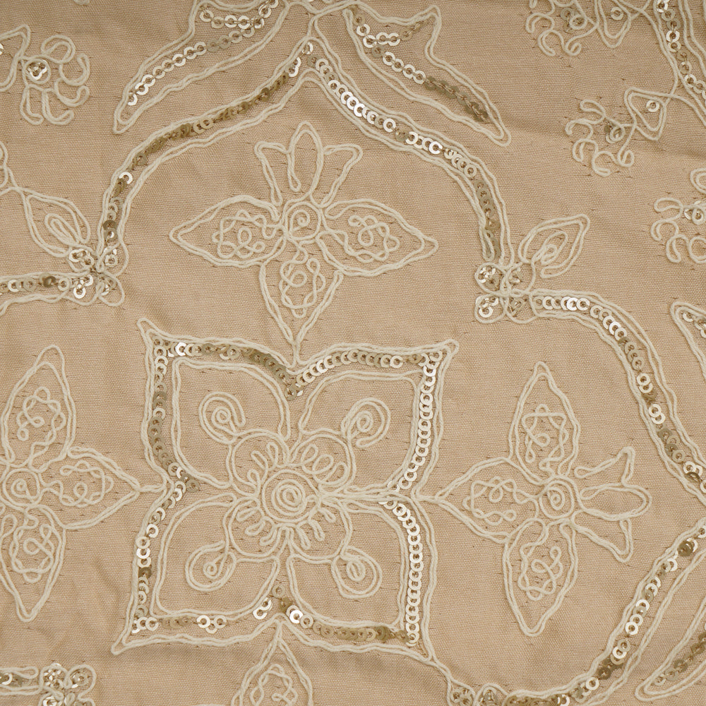 Beige Color Swarovski Embroidered Spun Silk Fabric