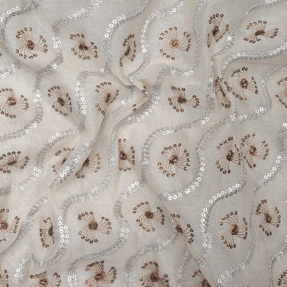Off White-Silver Color Sequins Embroidered Fine Chanderi Fabric