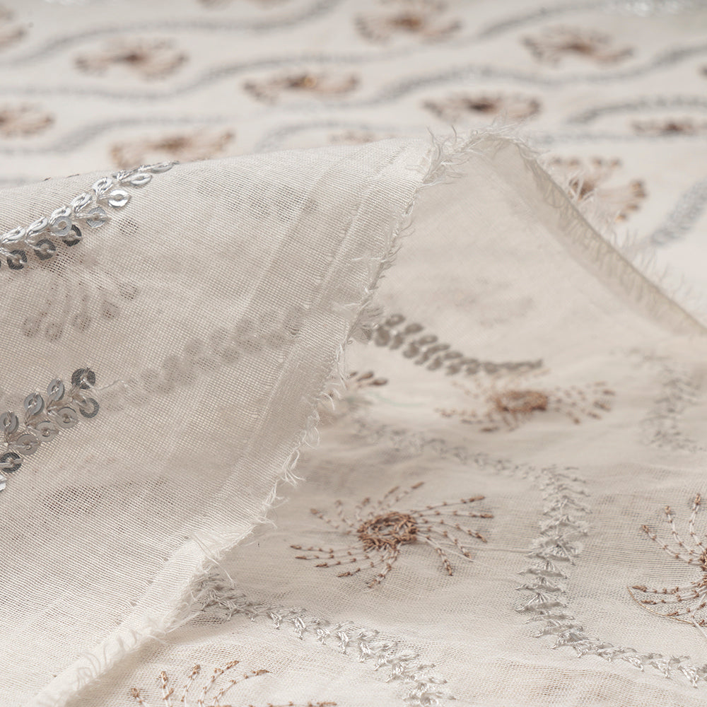 Off White-Silver Color Sequins Embroidered Fine Chanderi Fabric