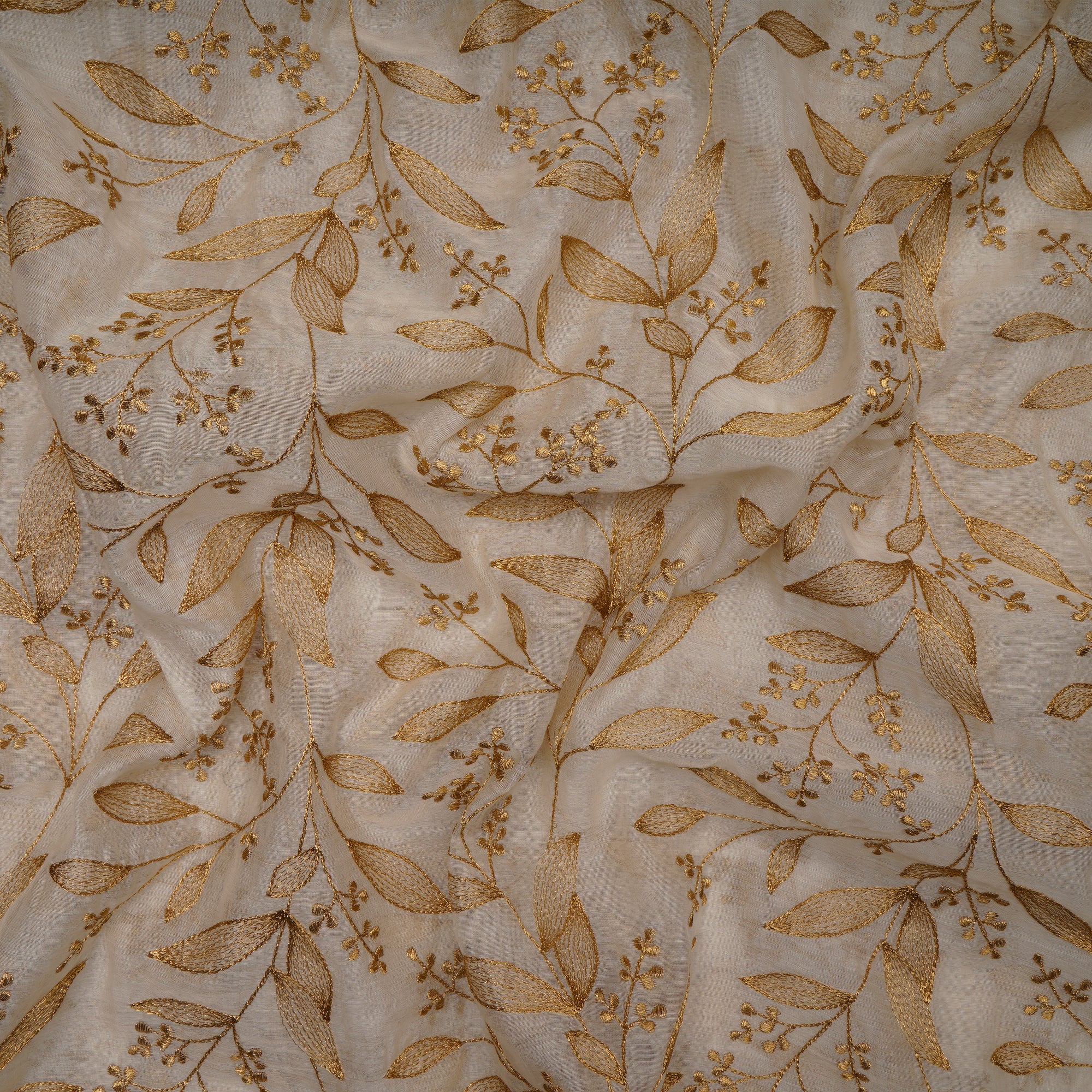White-Gold Floral Pattern All Over Embroidery Chanderi Fabric