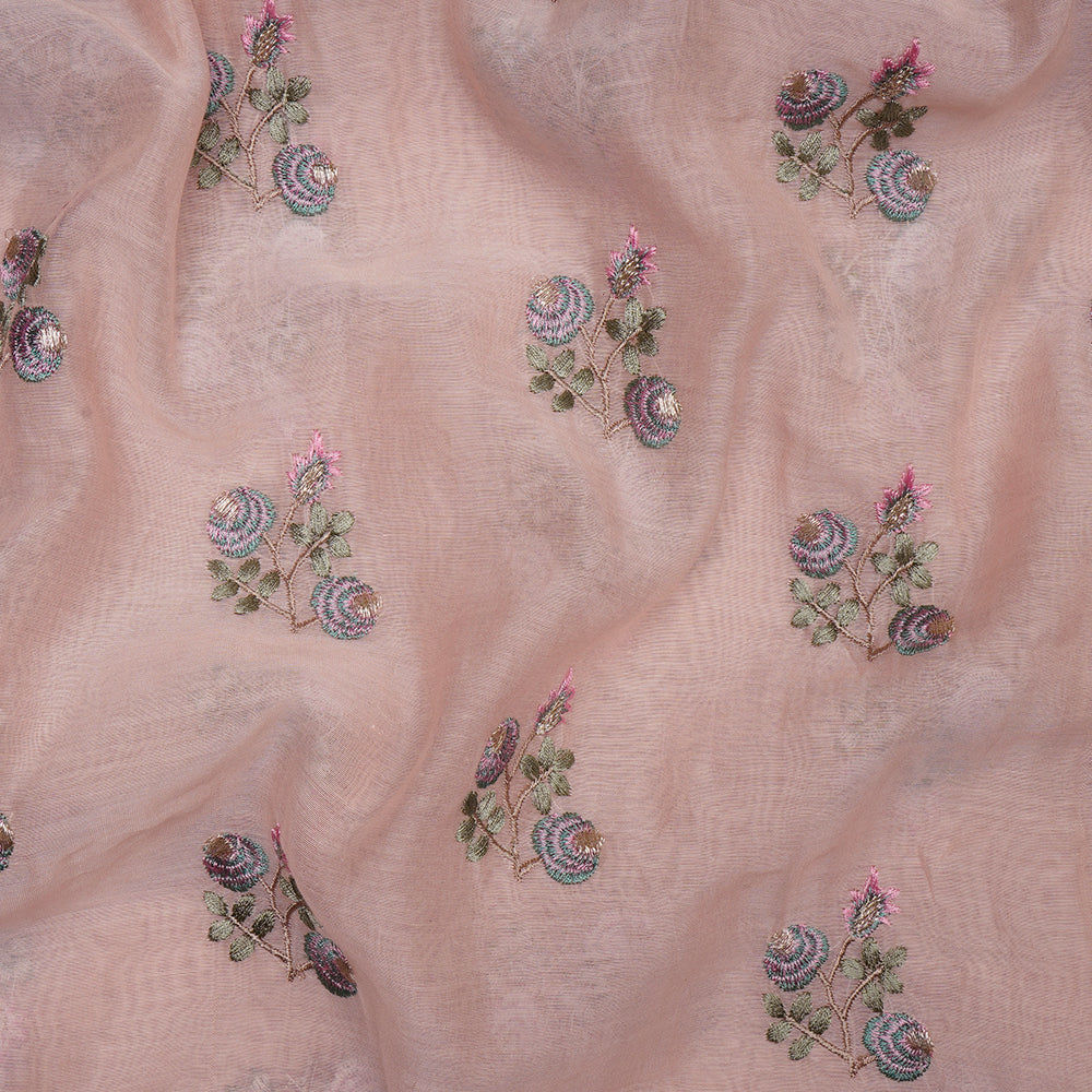 Peach Embroidered Pure Fine Chanderi Fabric