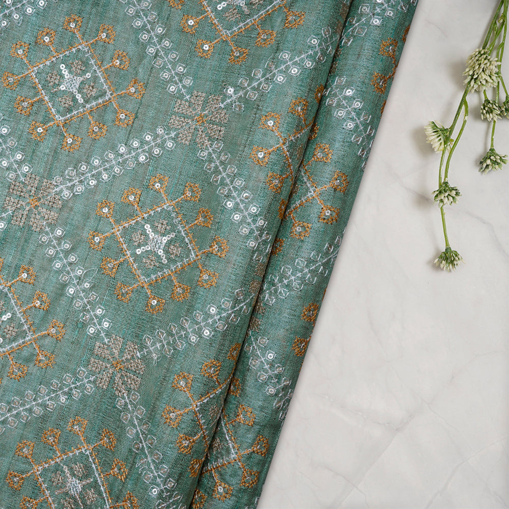 Green Color Embroidered Pure Tussar Fabric