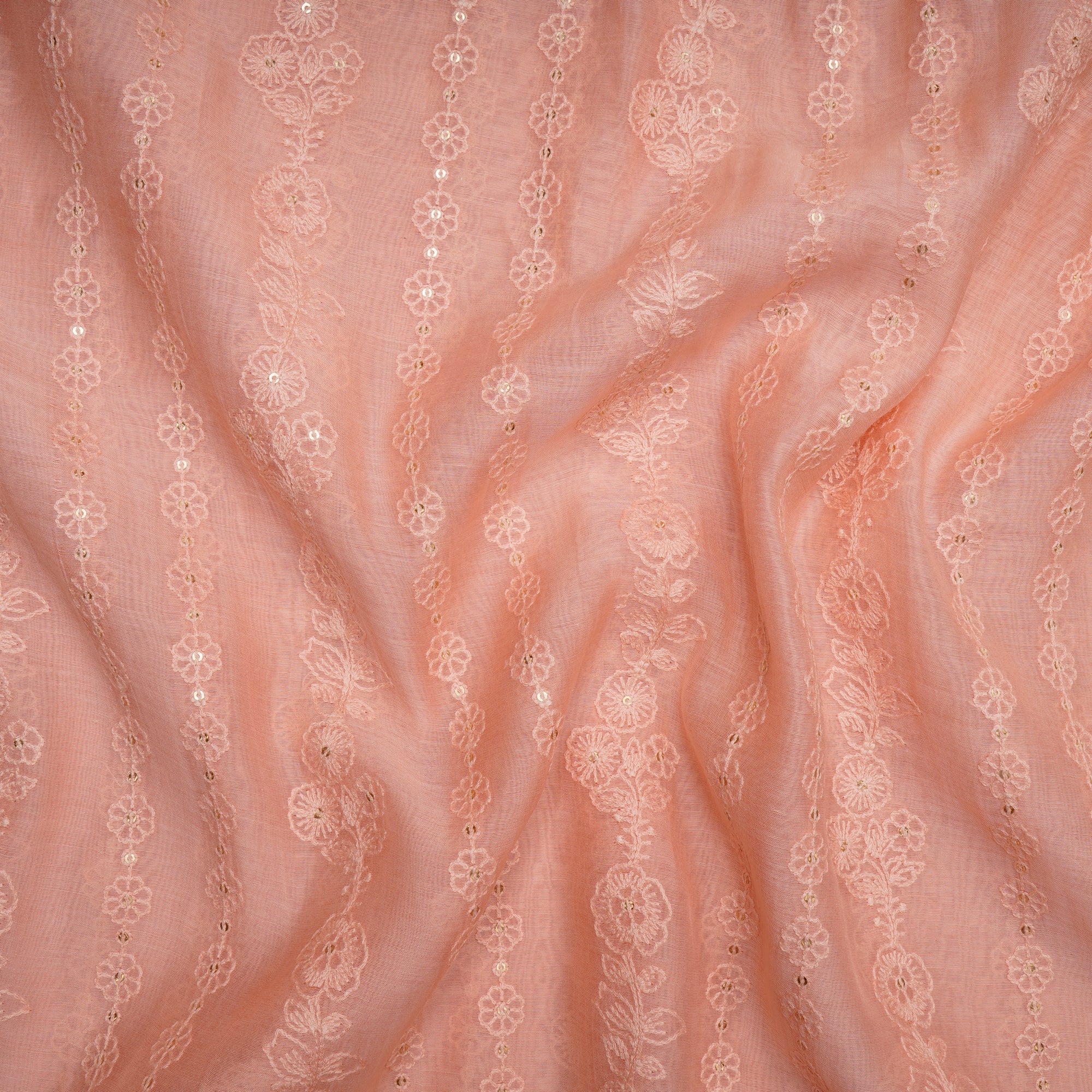 Coral Pink Schiffili Embroidered Fine Chanderi Fabric