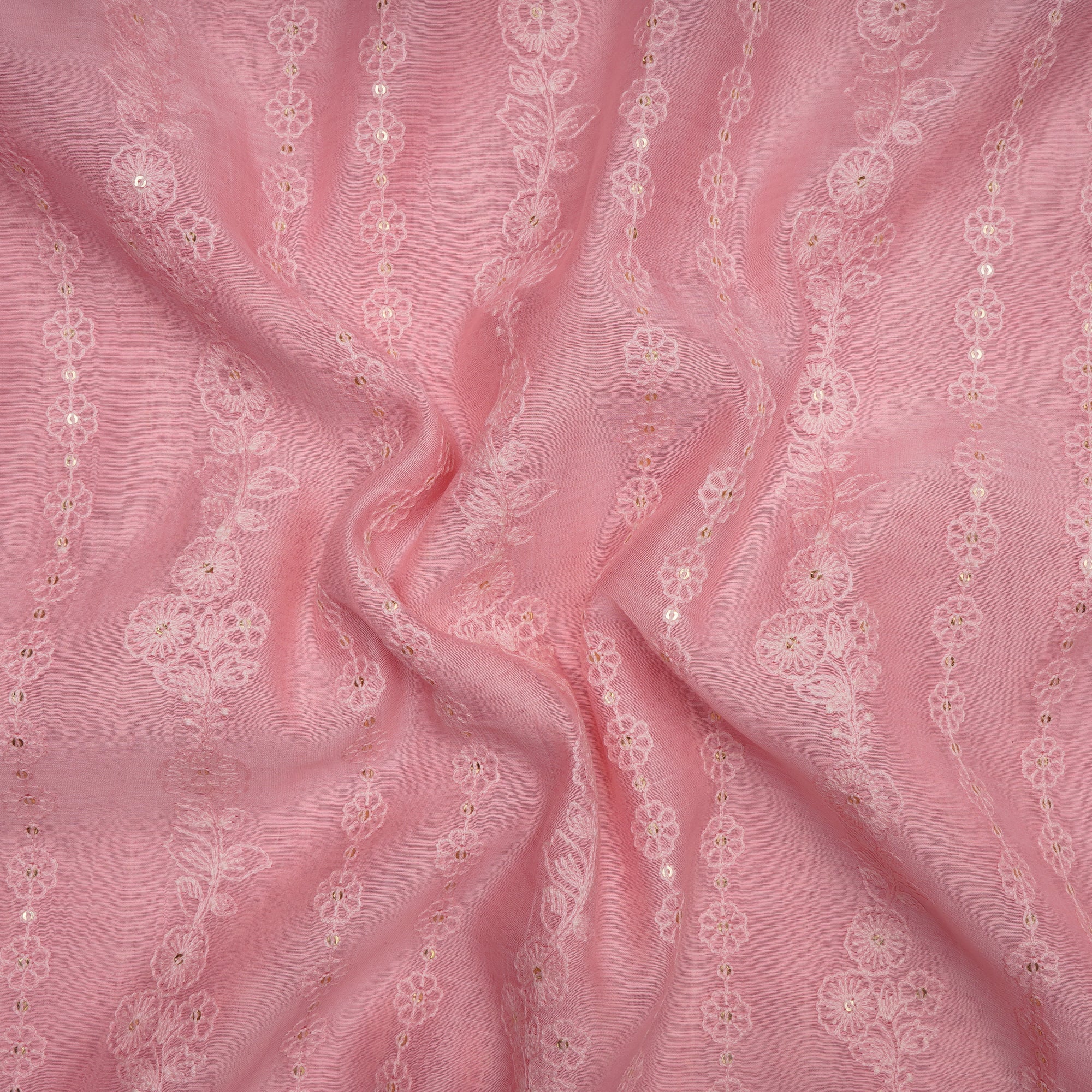 Baby Pink Schiffili Embroidered Fine Chanderi Fabric