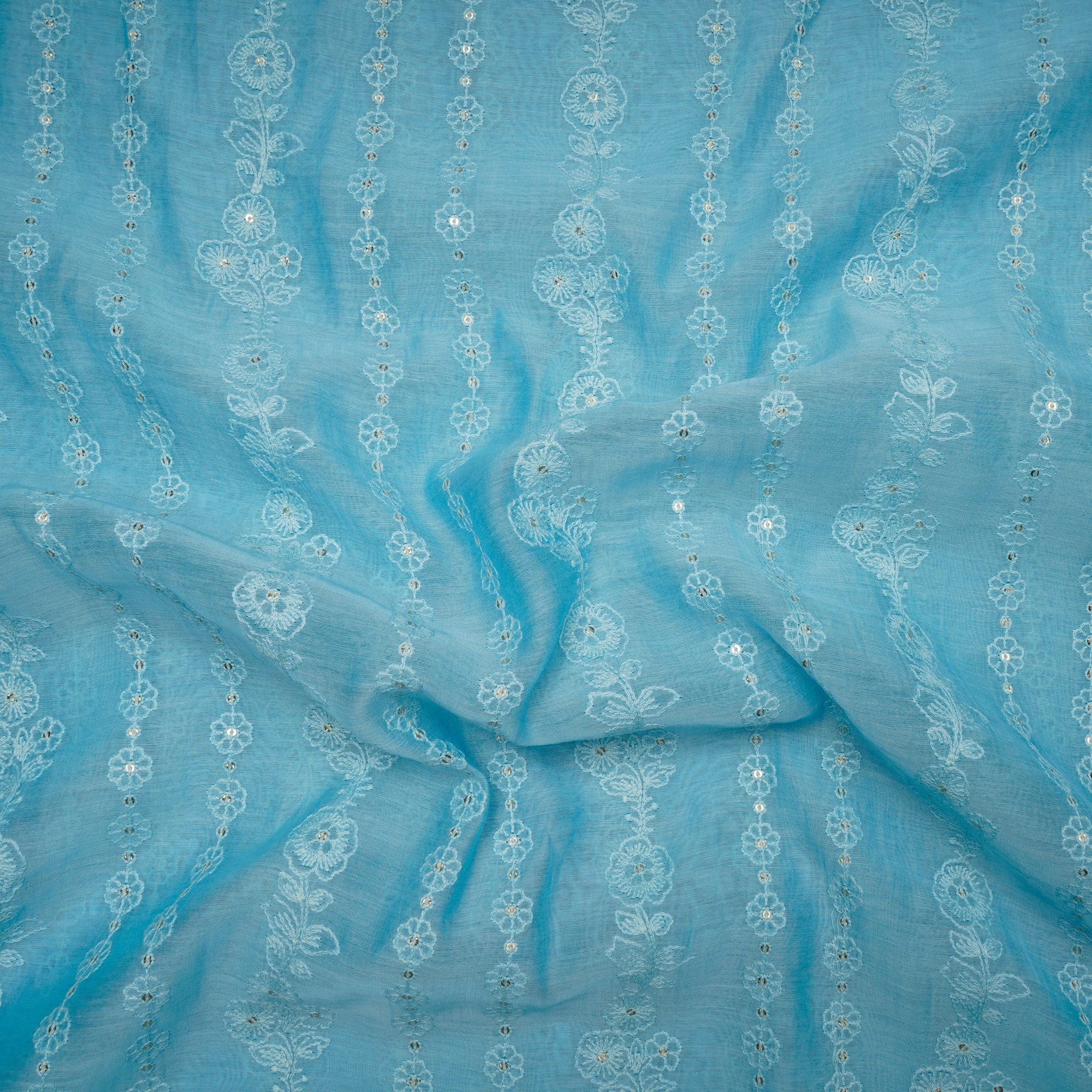 Light Blue Schiffili Embroidered Fine Chanderi Fabric