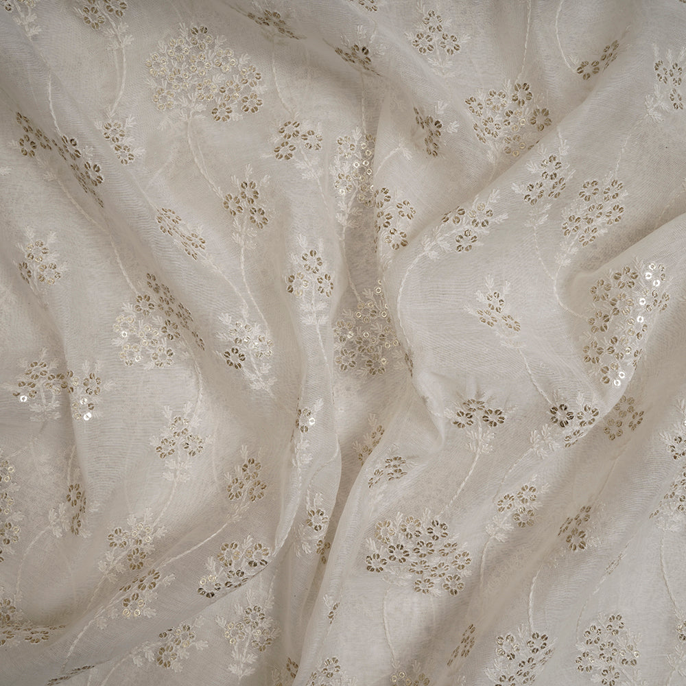 Off White Color Embroidered Pure Fine Chanderi Fabric