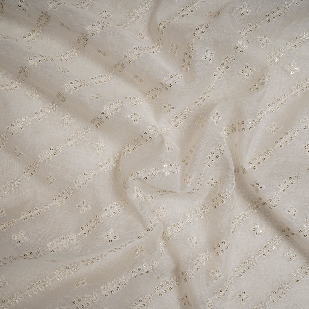 Off White Color Embroidered Pure Fine Chanderi Fabric