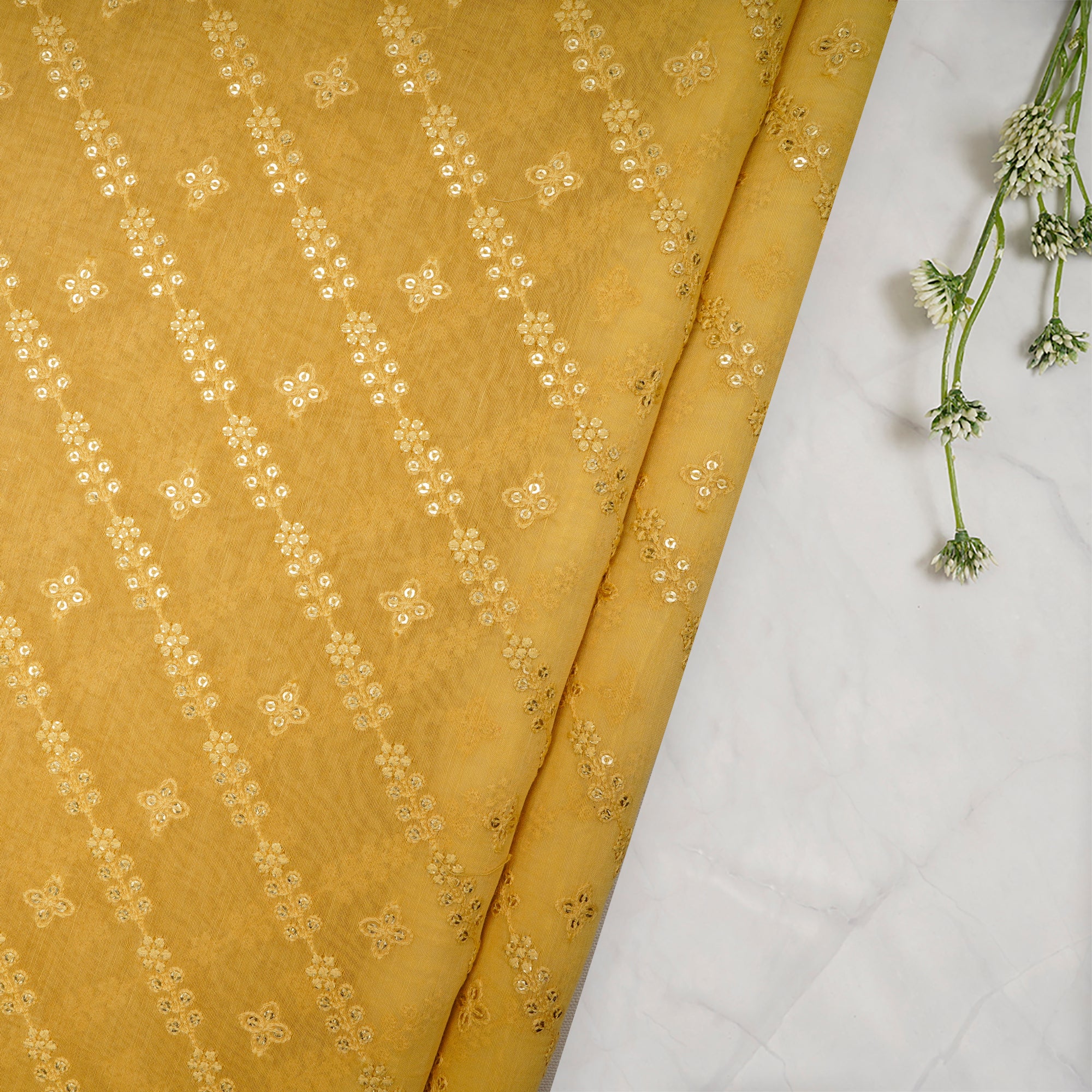 Yellow All Over Embroidered Chanderi Fabric