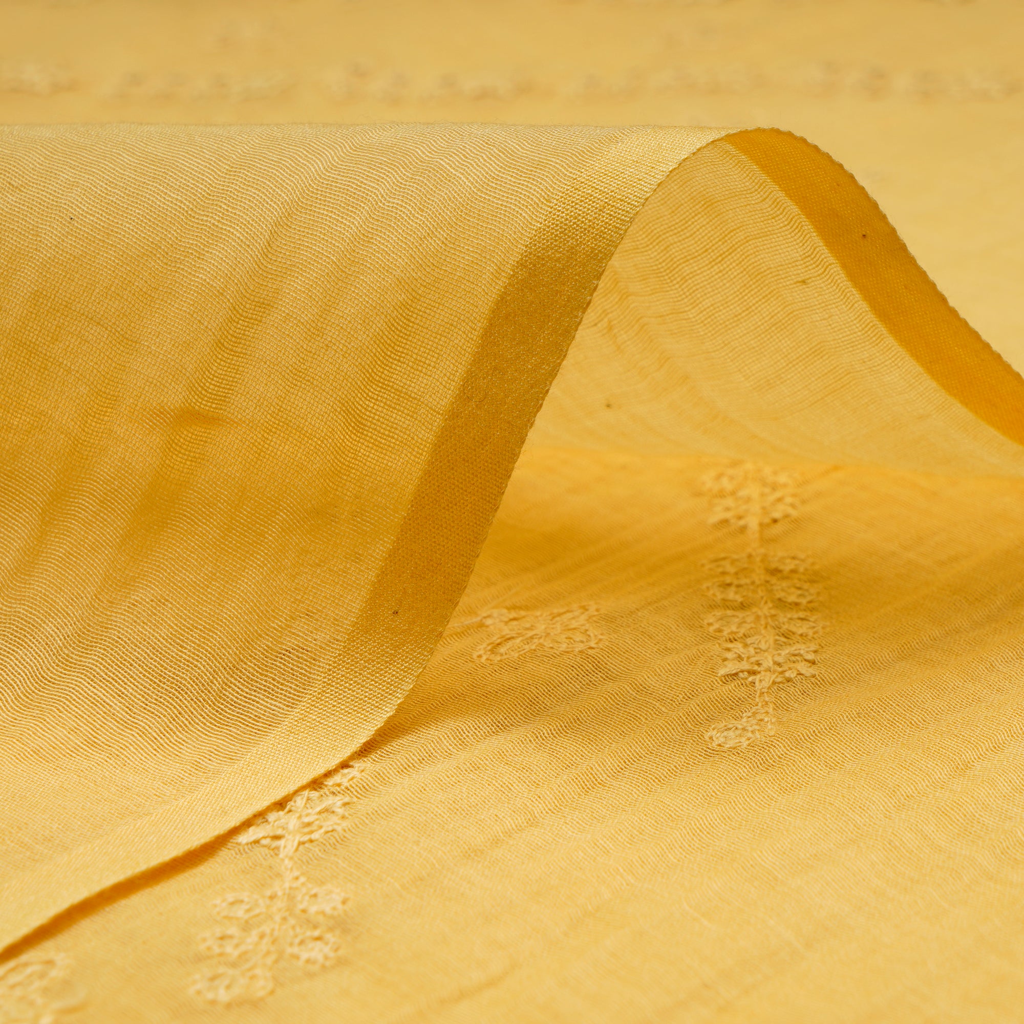 Yellow All Over Embroidered Chanderi Fabric