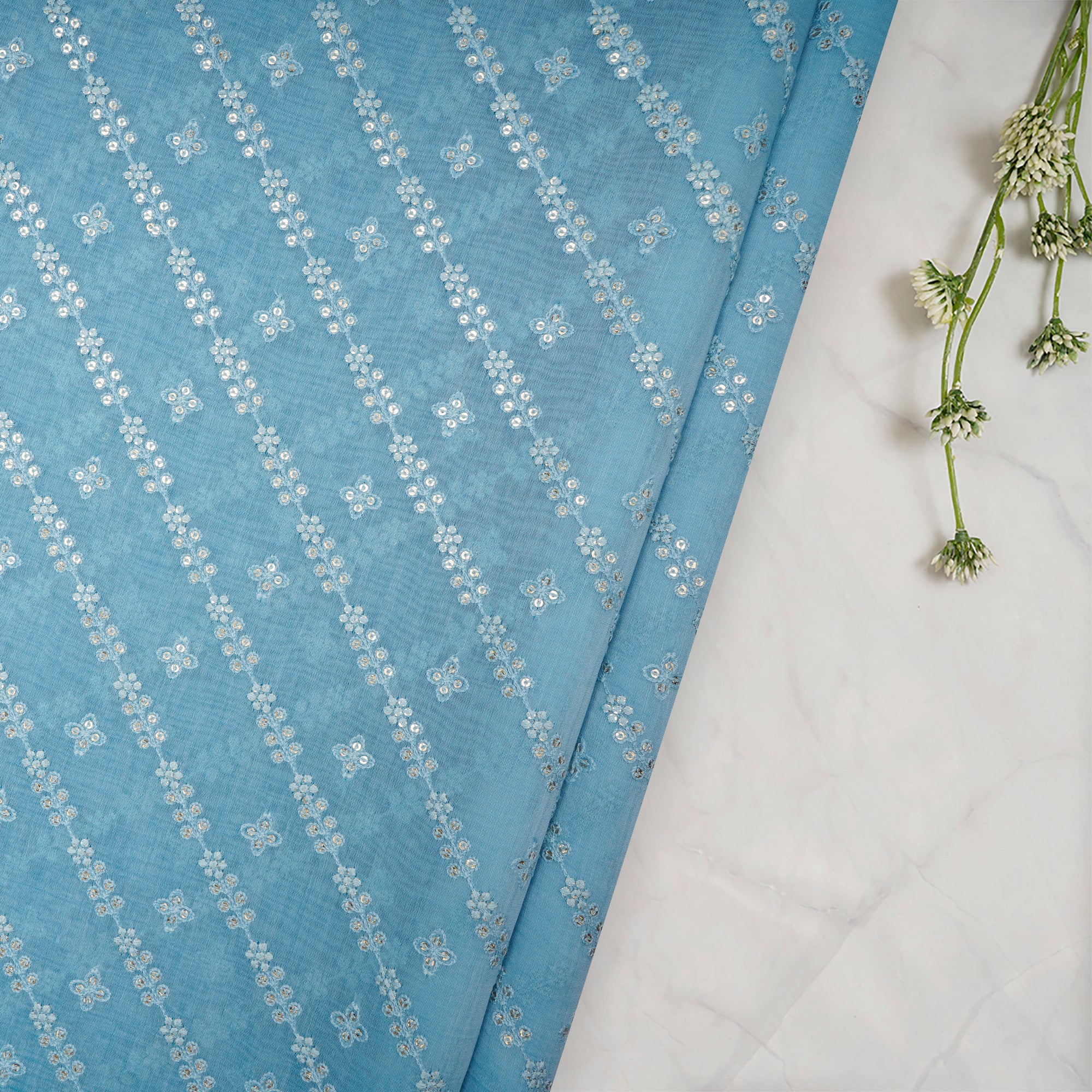 Blue Topaz All Over Embroidered Chanderi Fabric