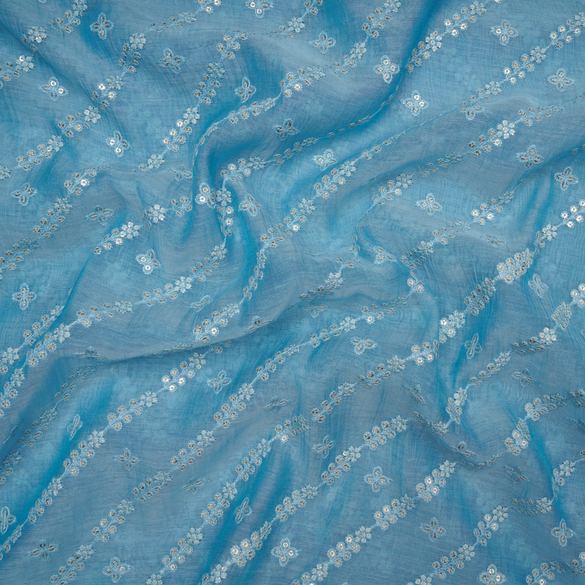 Blue Topaz All Over Embroidered Chanderi Fabric