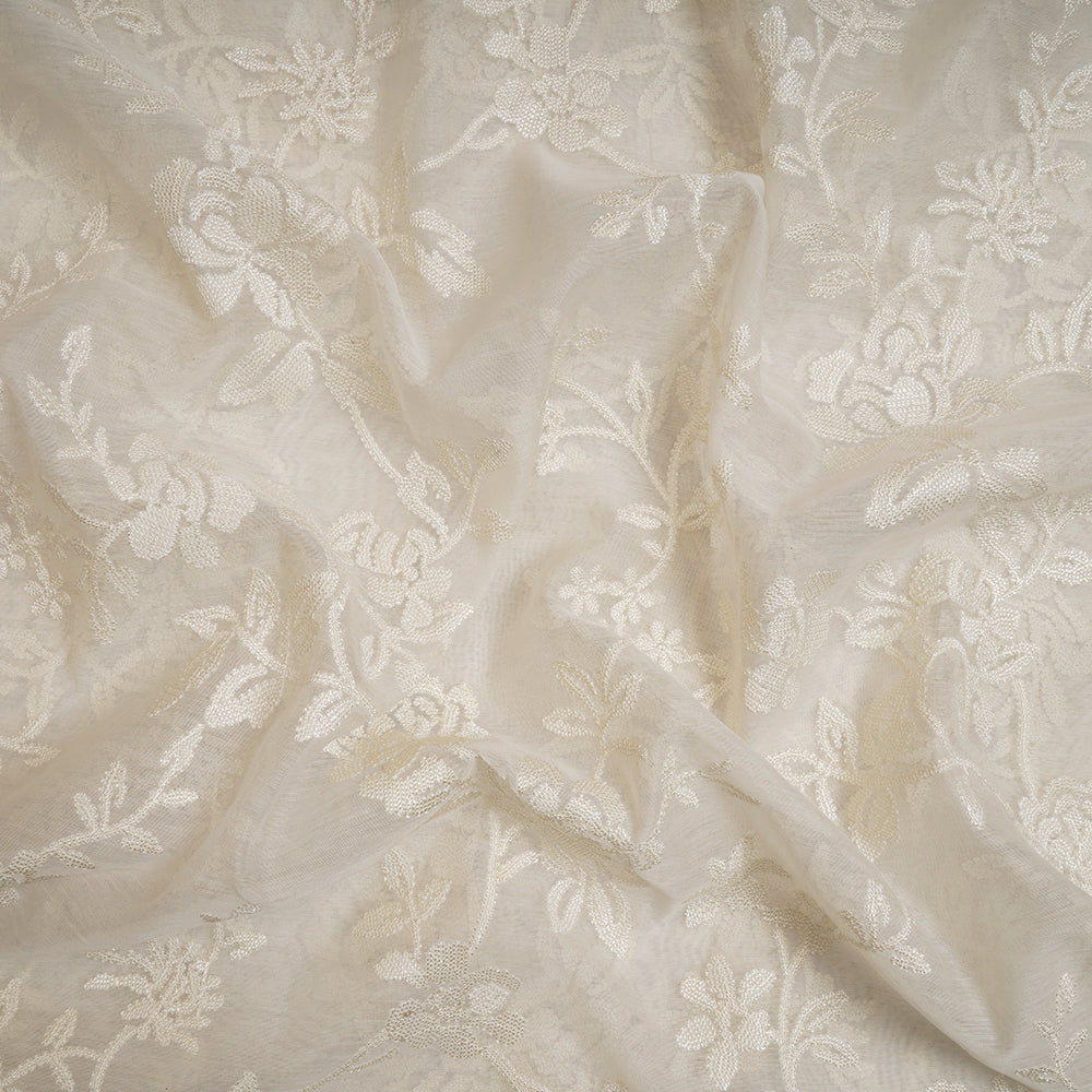 White Color Embroidered Pure Fine Chanderi Fabric