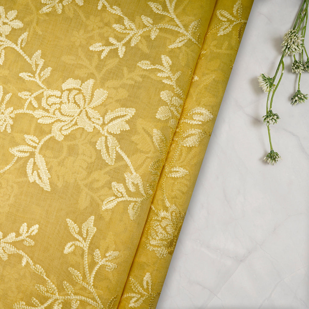 Yellow Floral Pattern Embroidered Fine Chanderi Fabric