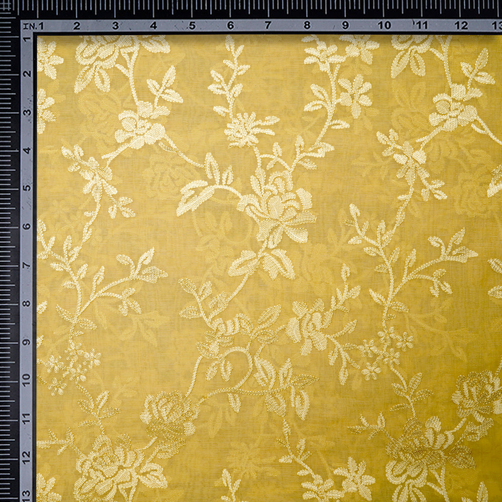 Yellow Floral Pattern Embroidered Fine Chanderi Fabric